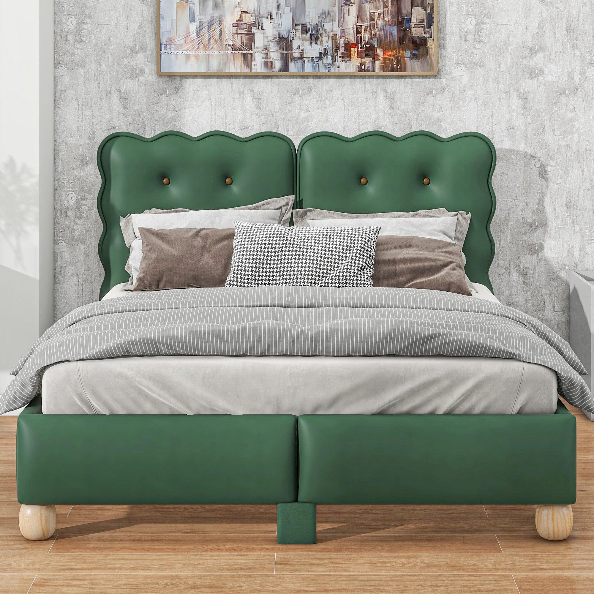 🆓🚛 Full Size Upholstered Platform Bed With Support Legs, Green