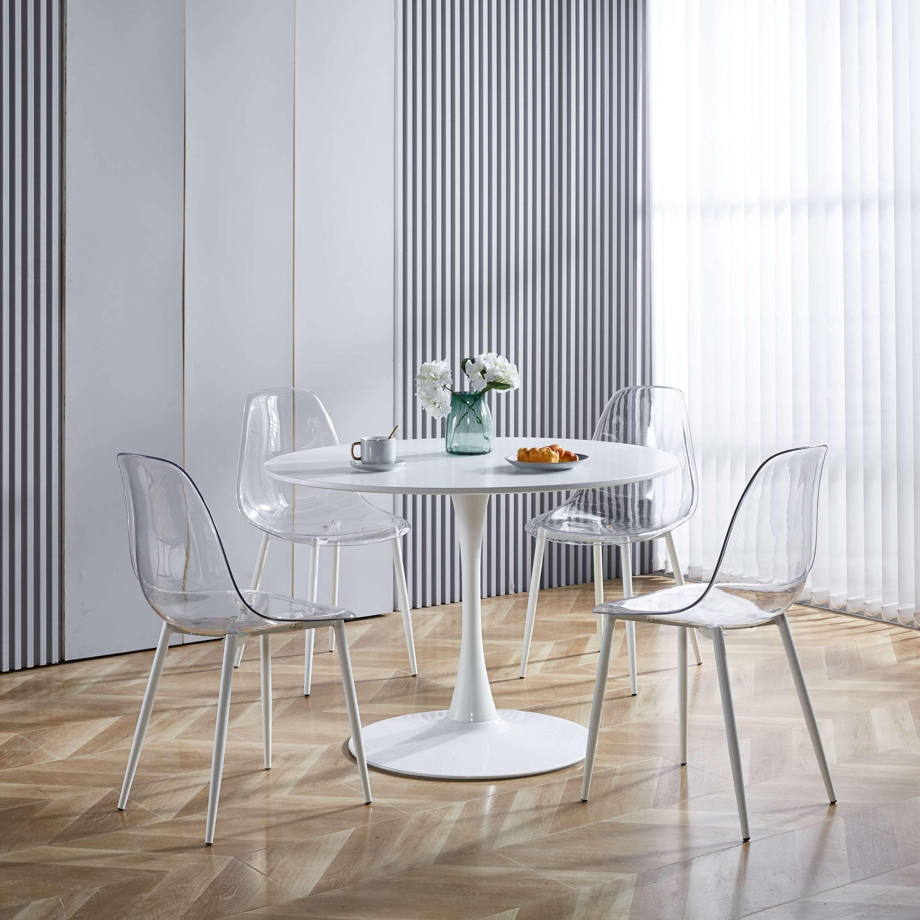 🆓🚛 5 Pcs Dining Set, 1 Roundwhite Mid-Century Dining Table With Mdf Table Top, 4 Transparent Chairs