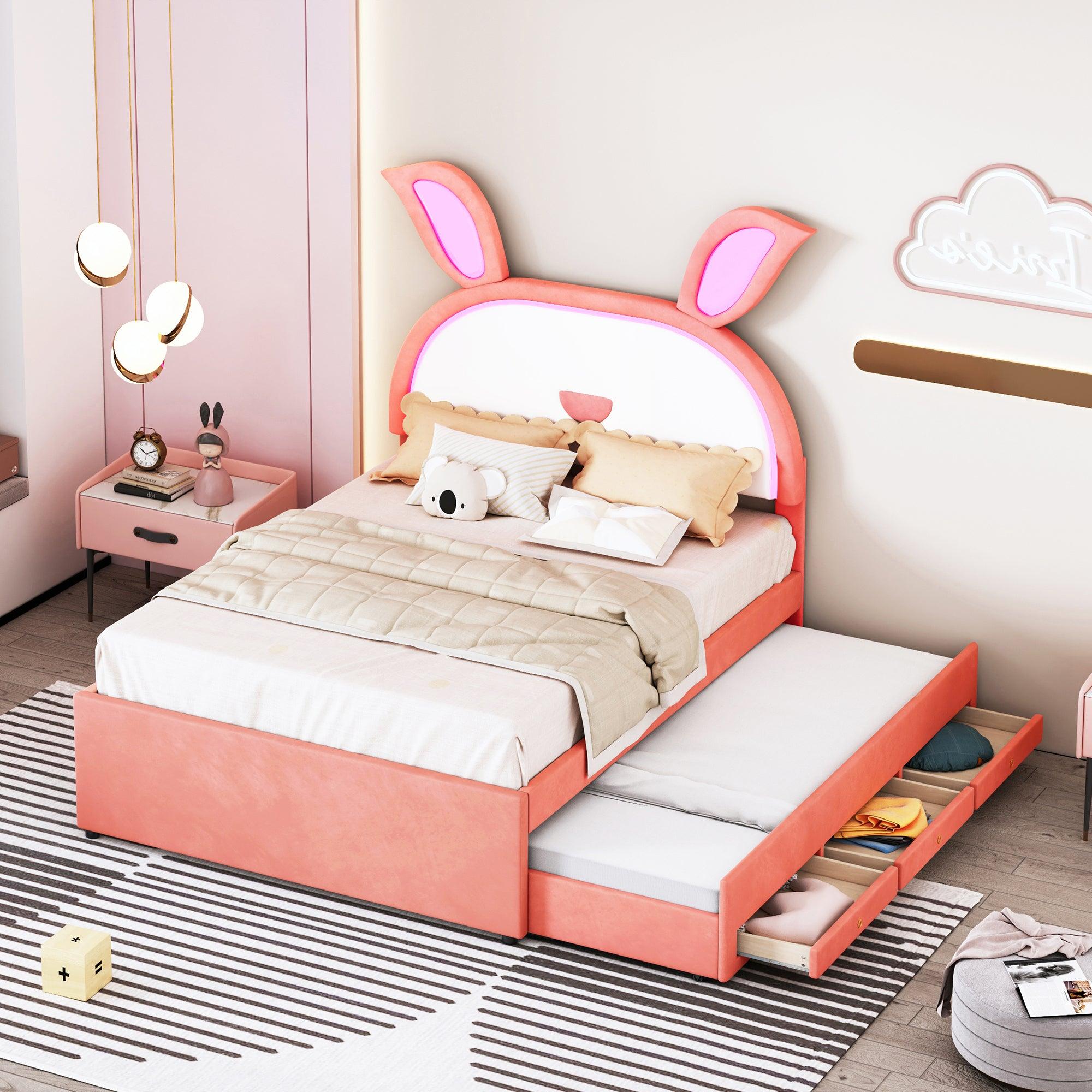 🆓🚛 Full Size Upholstered Platform Bed With Trundle and 3 Drawers, Rabbit-Shaped Headboard With Embedded Led Lights, Pink