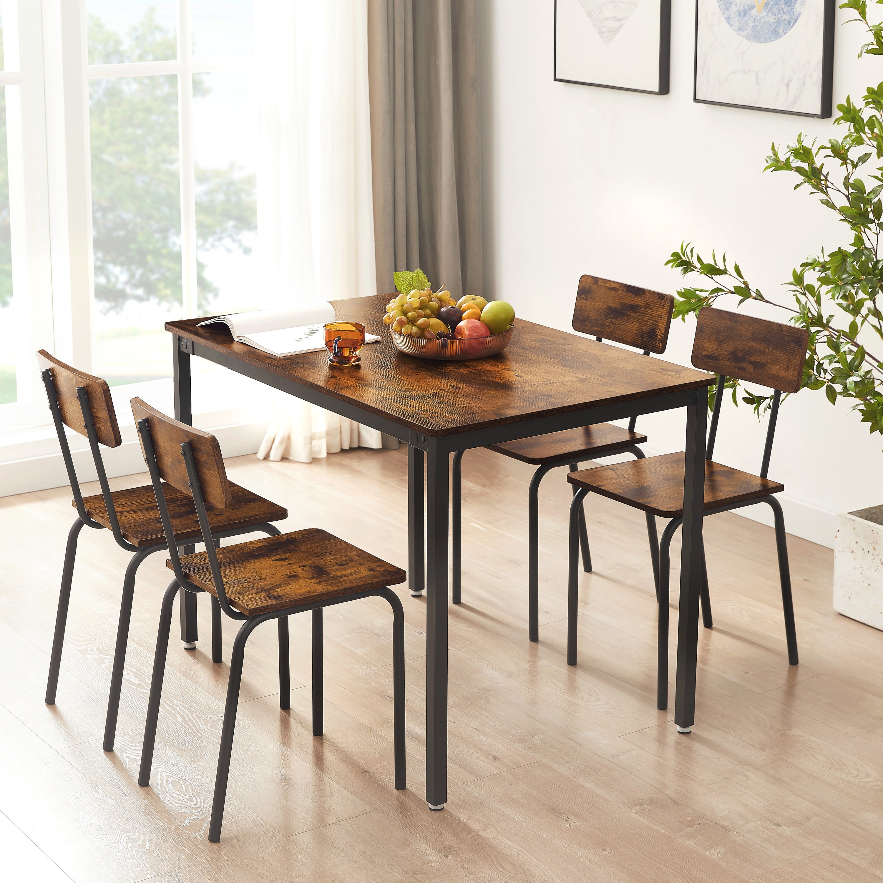 🆓🚛 Dining Table Set 5-Piece Dining Chair With Backrest, Industrial Style, Sturdy Construction, Rustic Brown, 43.31'' L X 27.56'' W X 30.32'' H.
