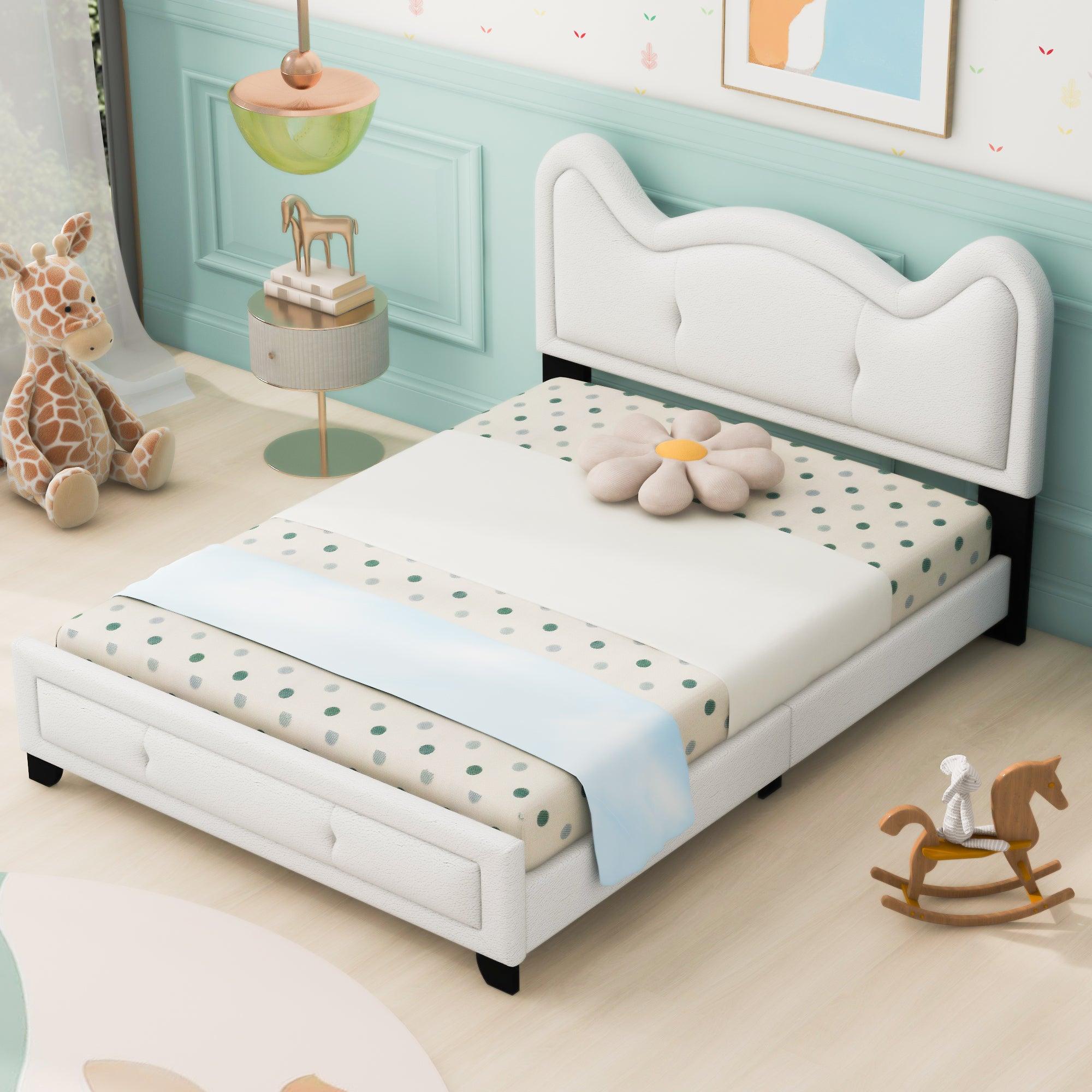 🆓🚛 Full Size Upholstered Platform Bed With Carton Ears Shaped Headboard, White