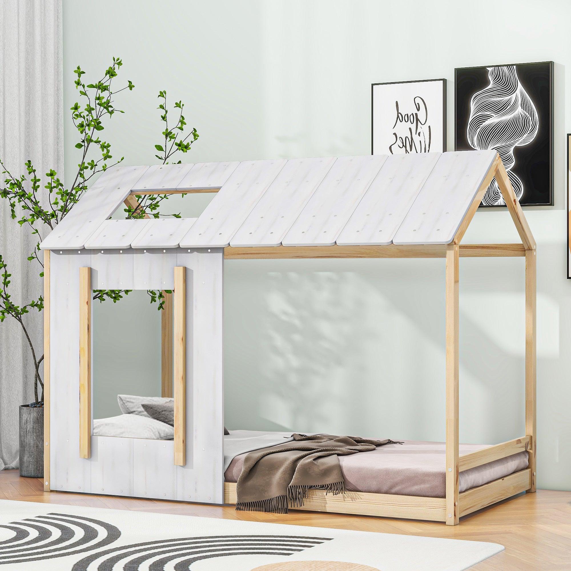 🆓🚛 Twin Size House Platform With Roof & Window, White+Natural