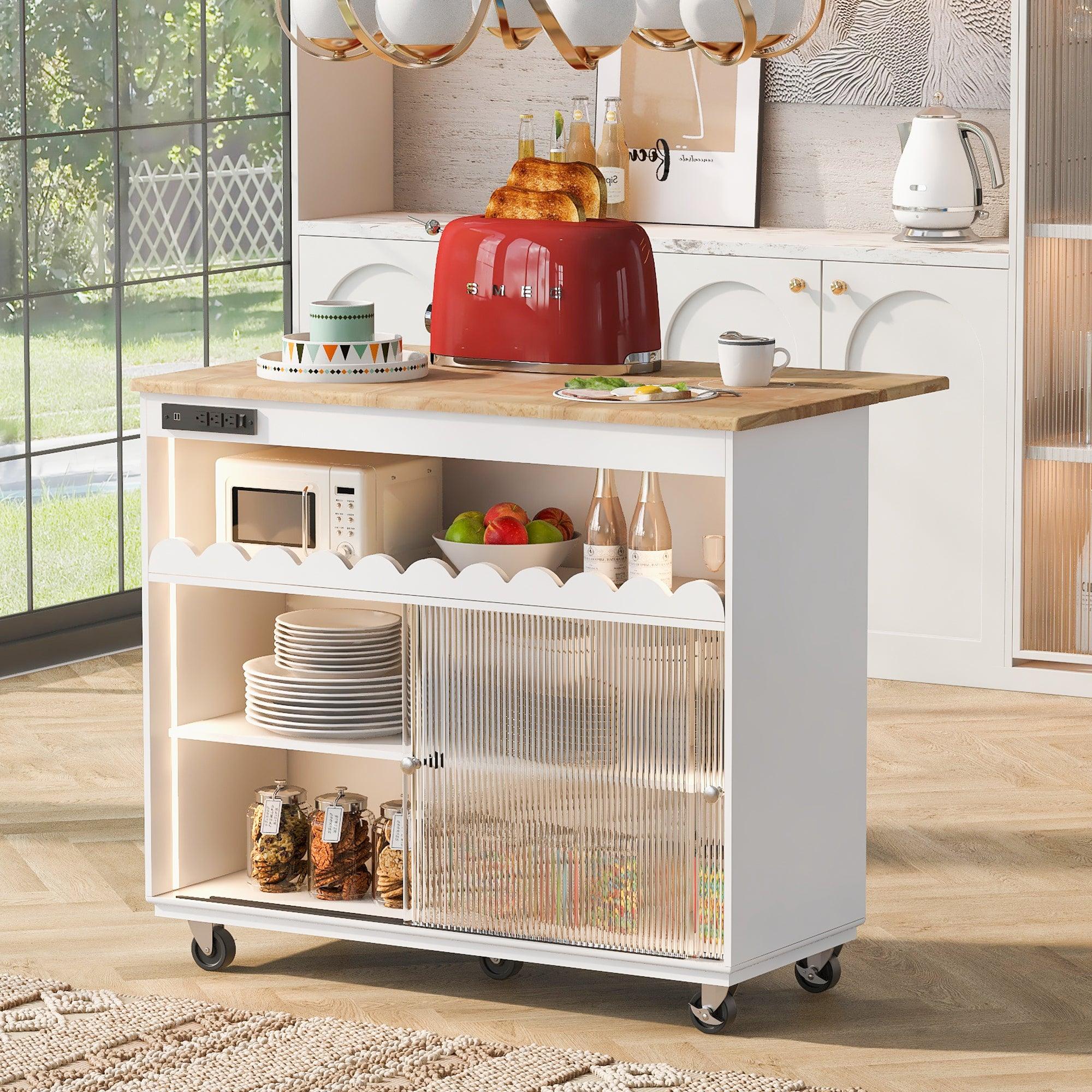 🆓🚛 Led Light Kitchen Cart On Wheels With Power Outlets, 2 Sliding Fluted Glass Doors, Large Kitchen Island Cart With 2 Cabinet & 1 Open Shelf (White)
