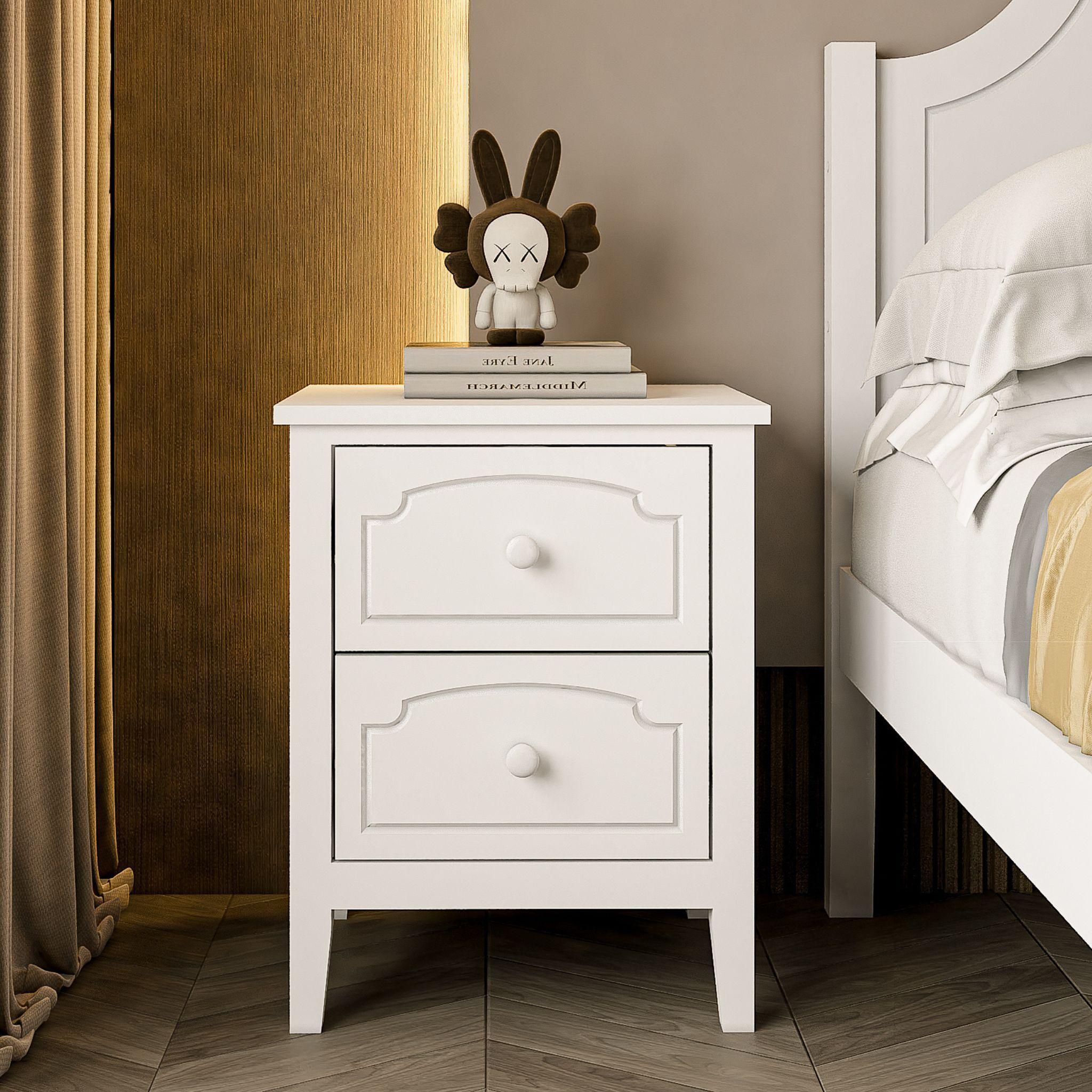 🆓🚛 White Contemporary Roman Style, Solid Wood 2 Drawers Nightstand, Bedside Table, Living Room End Table.