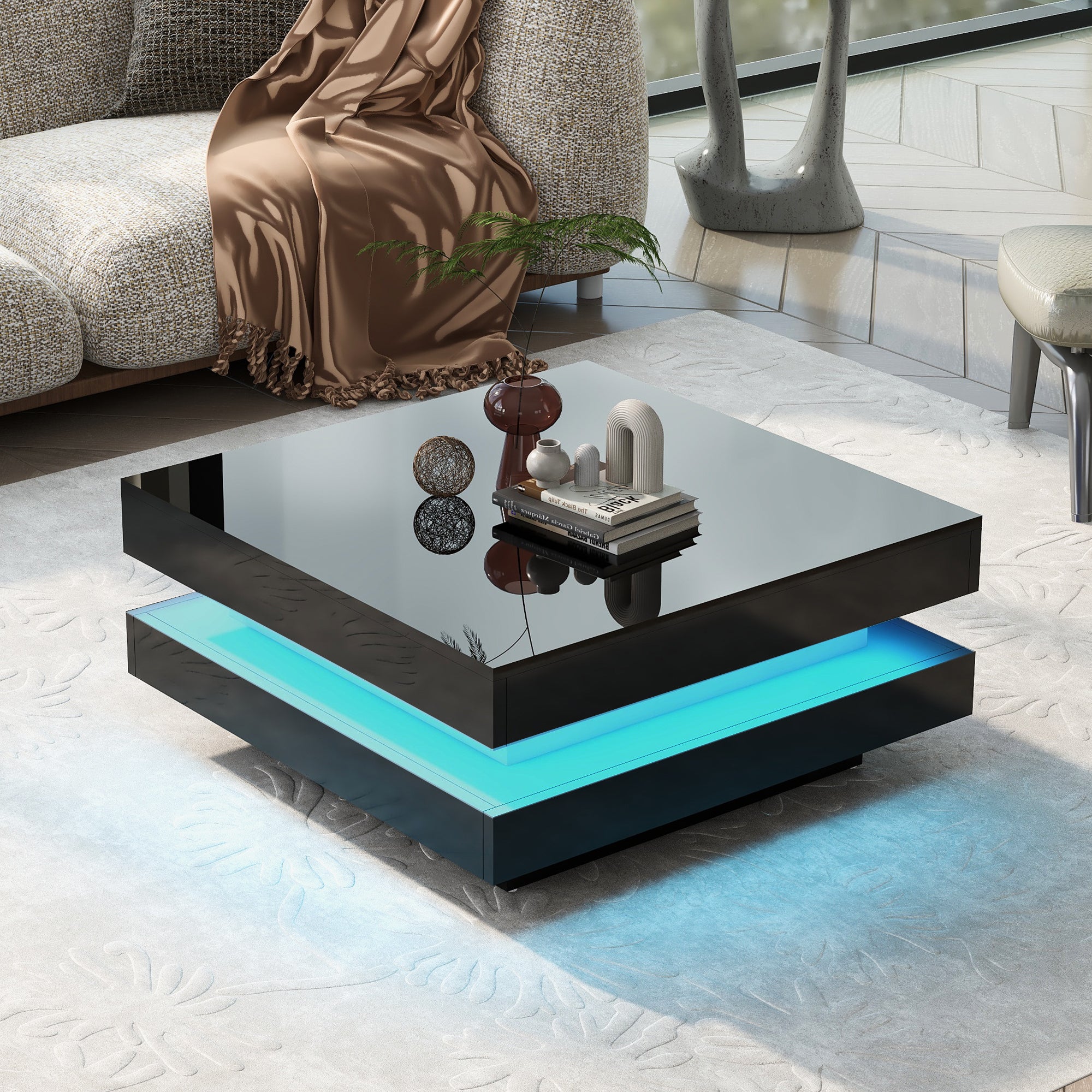 🆓🚛 2-Tier Square Coffee Table,, High Gloss Minimalist Design With Led Lights, Center Table for Living Room, 31.5''X31.5''X14.2'', Black