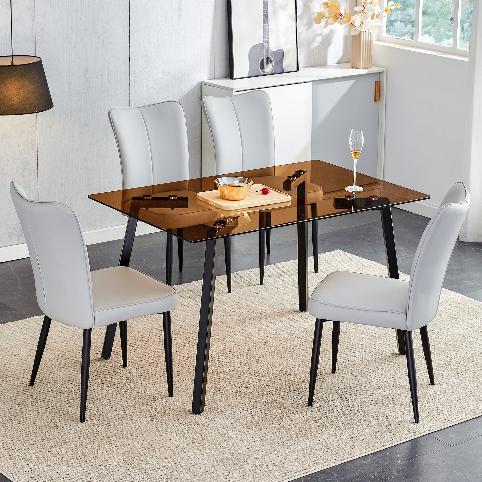 🆓🚛 One Table & 4 Light Gray Pu Chairs Rectangular Tea Brown Glass Dining Table, Tempered Glass Tabletop and Black Metal Legs, Suitable for Kitchen & Dining Room