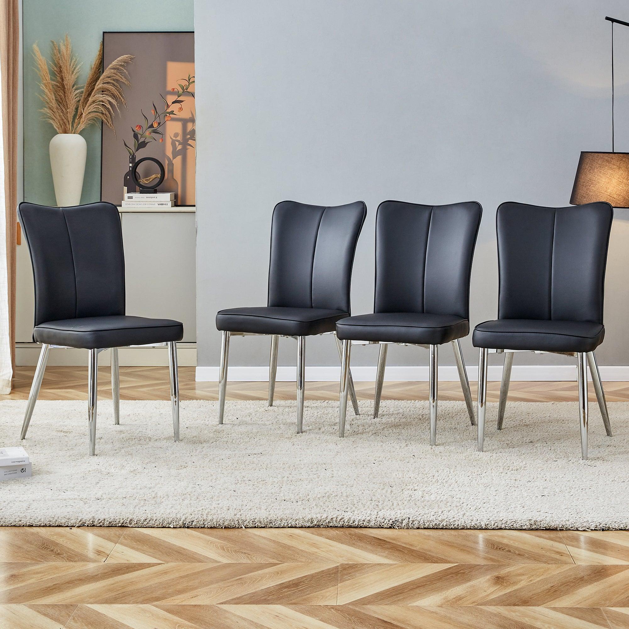 🆓🚛 Modern Minimalist Dining Chairs, Black Pu Leather Curved Backrest & Seat Cushions, Electroplated Metal Chair Legs, Suitable for Restaurants, Bedrooms, & Living Rooms a Set Of 4 Chairs.