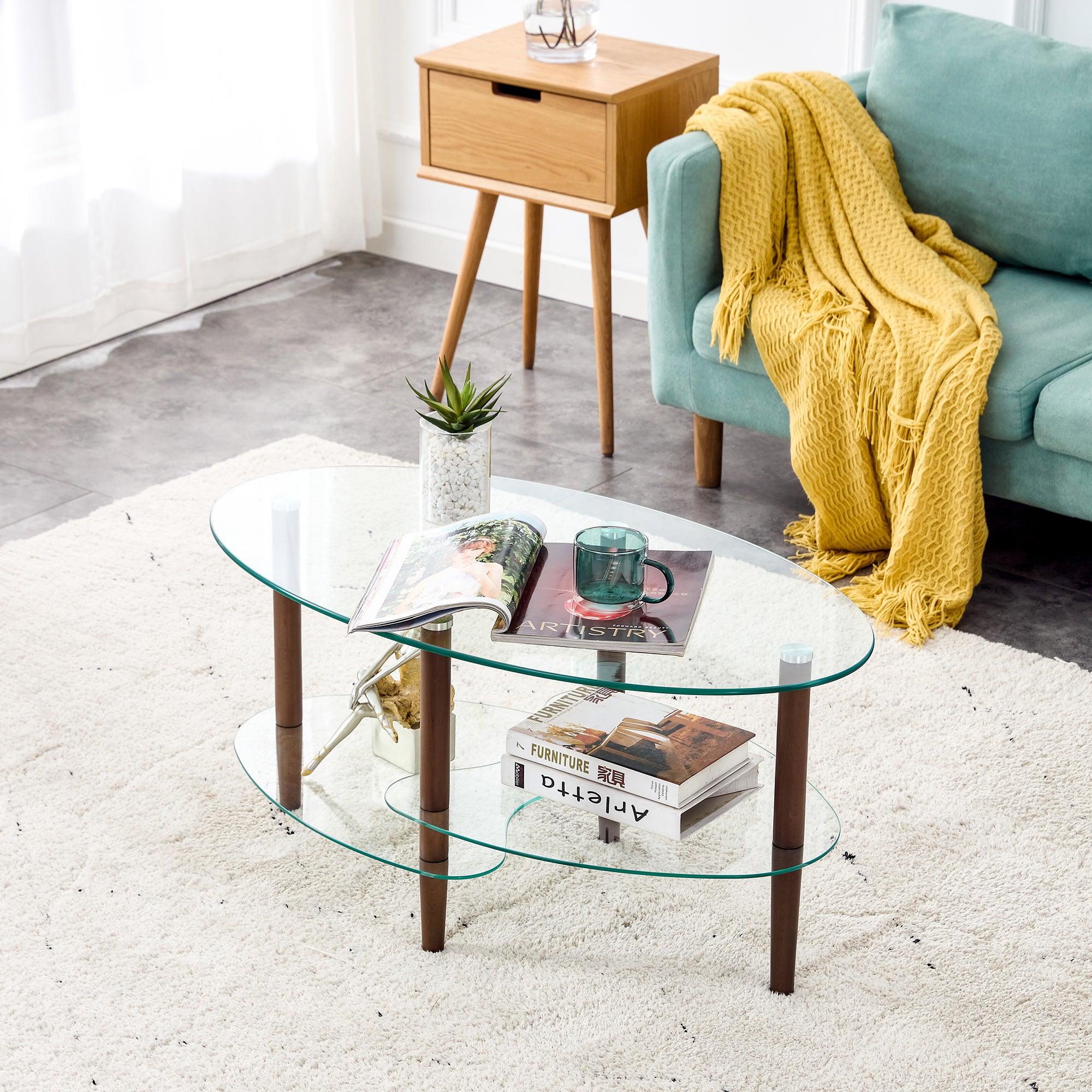 🆓🚛 Transparent Oval Glass Coffee Table, Modern Table in Living Room Oak Wood Leg Tea Table 3-Layer Glass Table