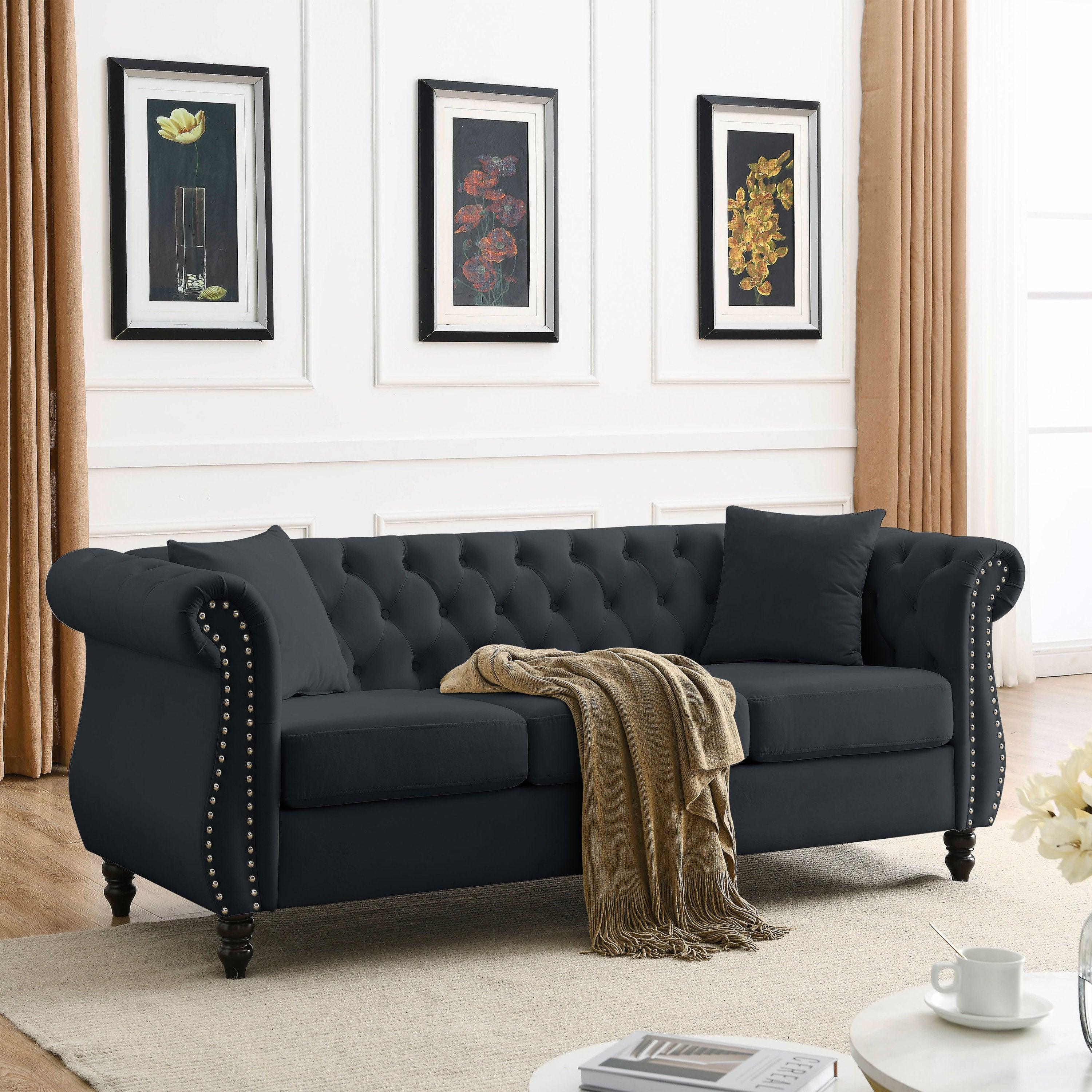 🆓🚛 80" Chesterfield Sofa Black Velvet for Living Room, 3 Seater Sofa Tufted Couch With Rolled Arms & Nailhead for Living Room, Bedroom, Office, Apartment, Two Pillows