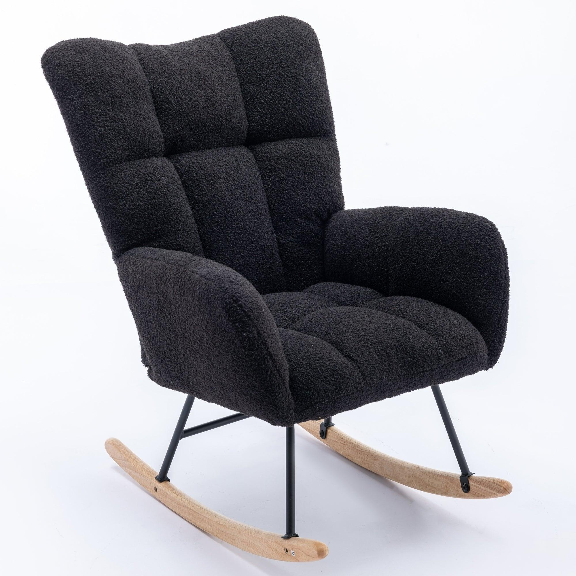 🆓🚛 Rocking Chair, Soft Teddy Velvet Fabric Rocking Chair for Nursery, Comfy Wingback Glider Rocker With Safe Solid Wood Base for Living Room Bedroom Balcony (Black)