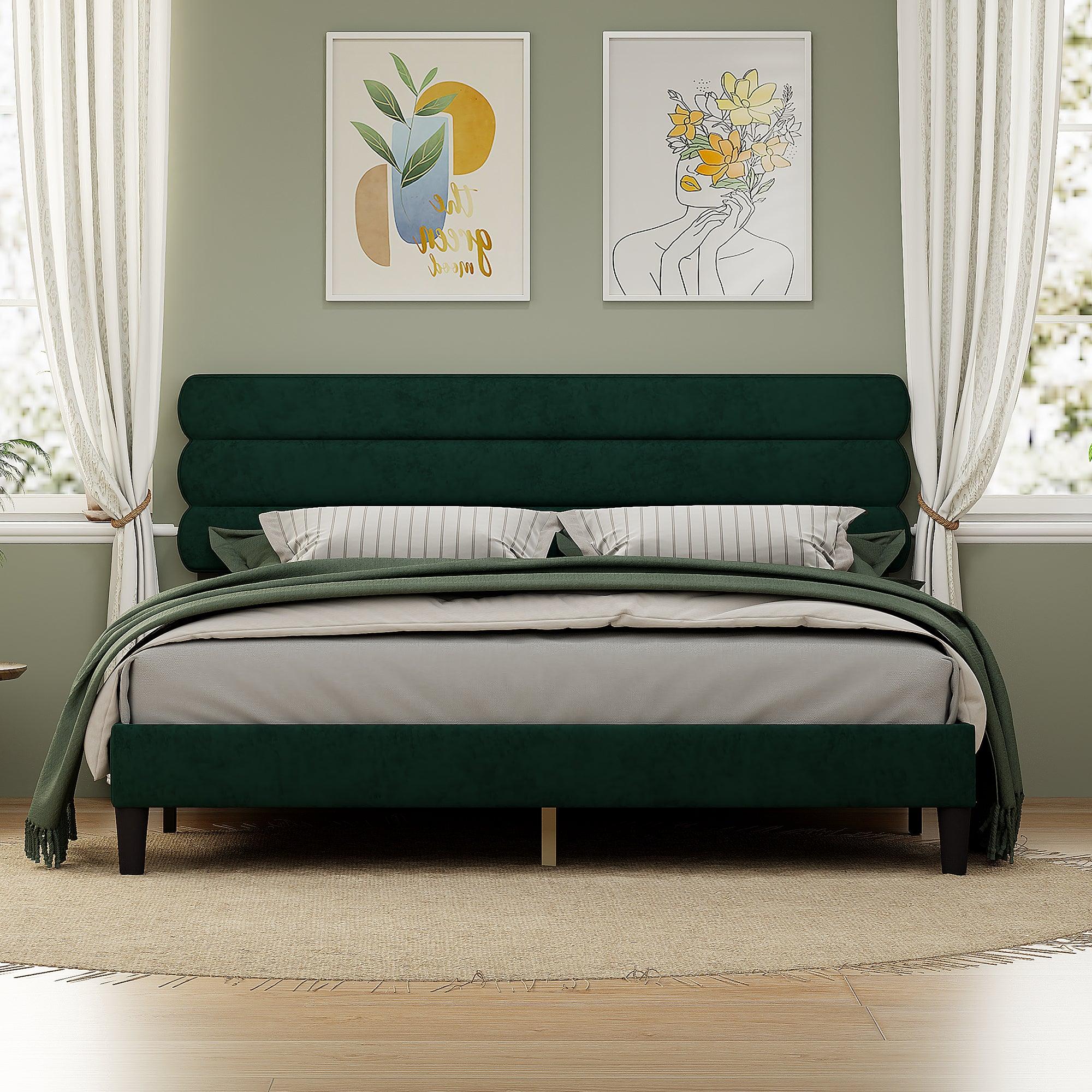 🆓🚛 King Bed Frame With Headboard, Sturdy Platform Bed With Wooden Slats Support, Green