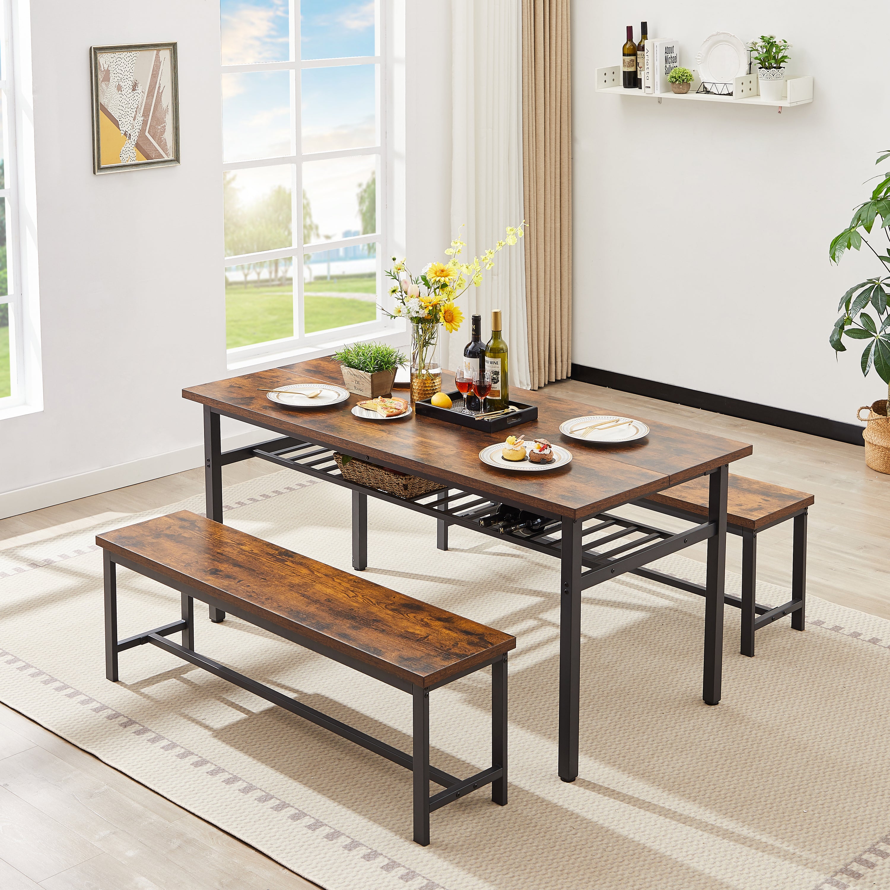 🆓🚛 Oversized Dining Table Set for 6, 3-Piece Kitchen Table With 2 Benches, Dining Room Table Set for Home Kitchen, Restaurant, Rustic Brown, 67'' L X 31.5'' W X 31.7'' H.