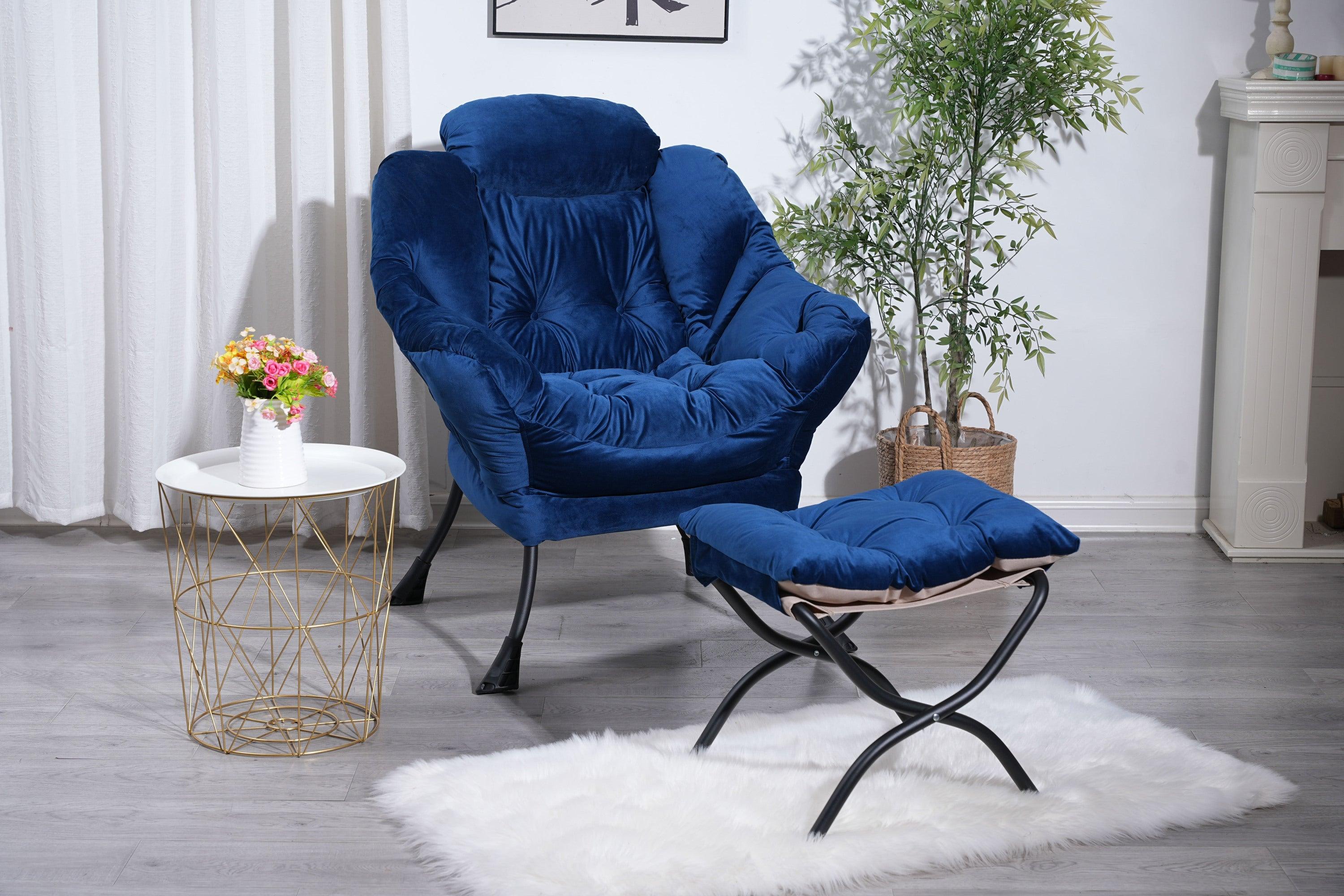 🆓🚛 Living Room Chairs Modern Cotton Fabric Lazy Chair, Accent Contemporary Lounge Chair, Single Steel Frame Leisure Sofa Chair With Armrests & a Side Pocket (Blue)