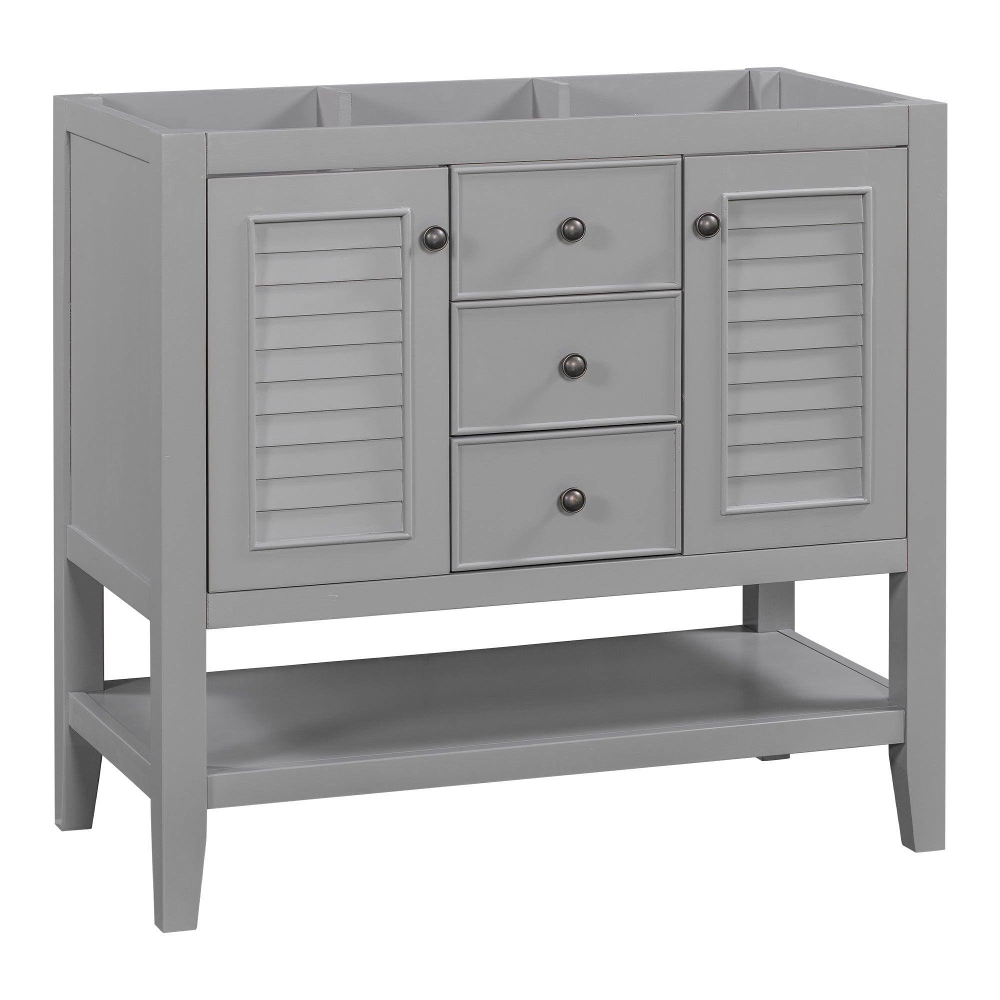 🆓🚛 36" Bathroom Vanity Without Sink, Cabinet Base Only, Two Cabinets & Drawers, Open Shelf, Solid Wood Frame, Gray