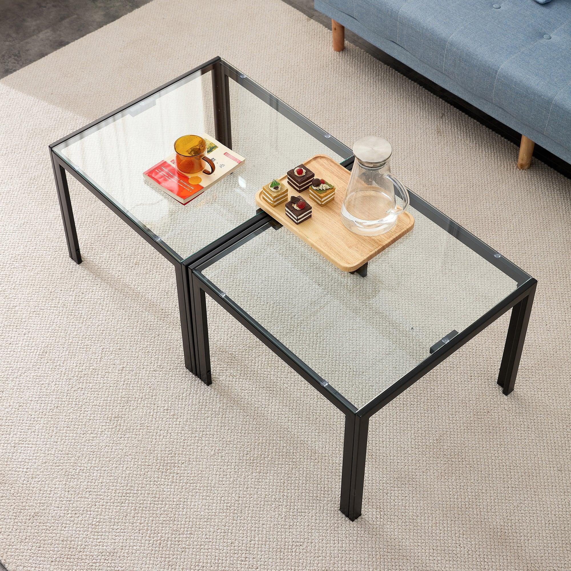 🆓🚛 Coffee Table Set Of 2, Square Modern Table With Tempered Glass Finish for Living Room, Transparent