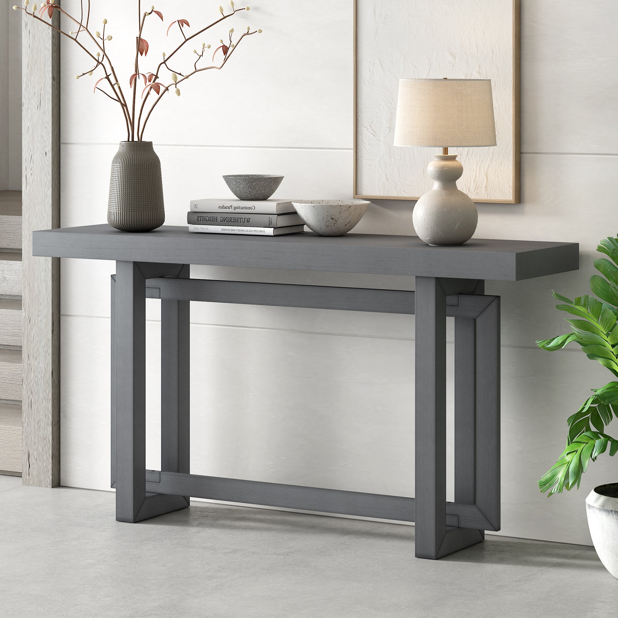 🆓🚛 Contemporary Console Table With Industrial-Inspired Concrete Wood Top, Extra Long Entryway Table, Gray