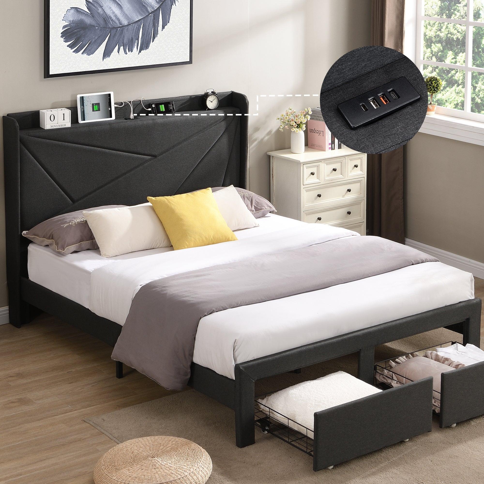 🆓🚛 Full Size Upholstered Bed Frame With Wingback Headboard, 2 Storage Drawers, Storage Shelf, Built-in Usb Charging Station, Dark Gray