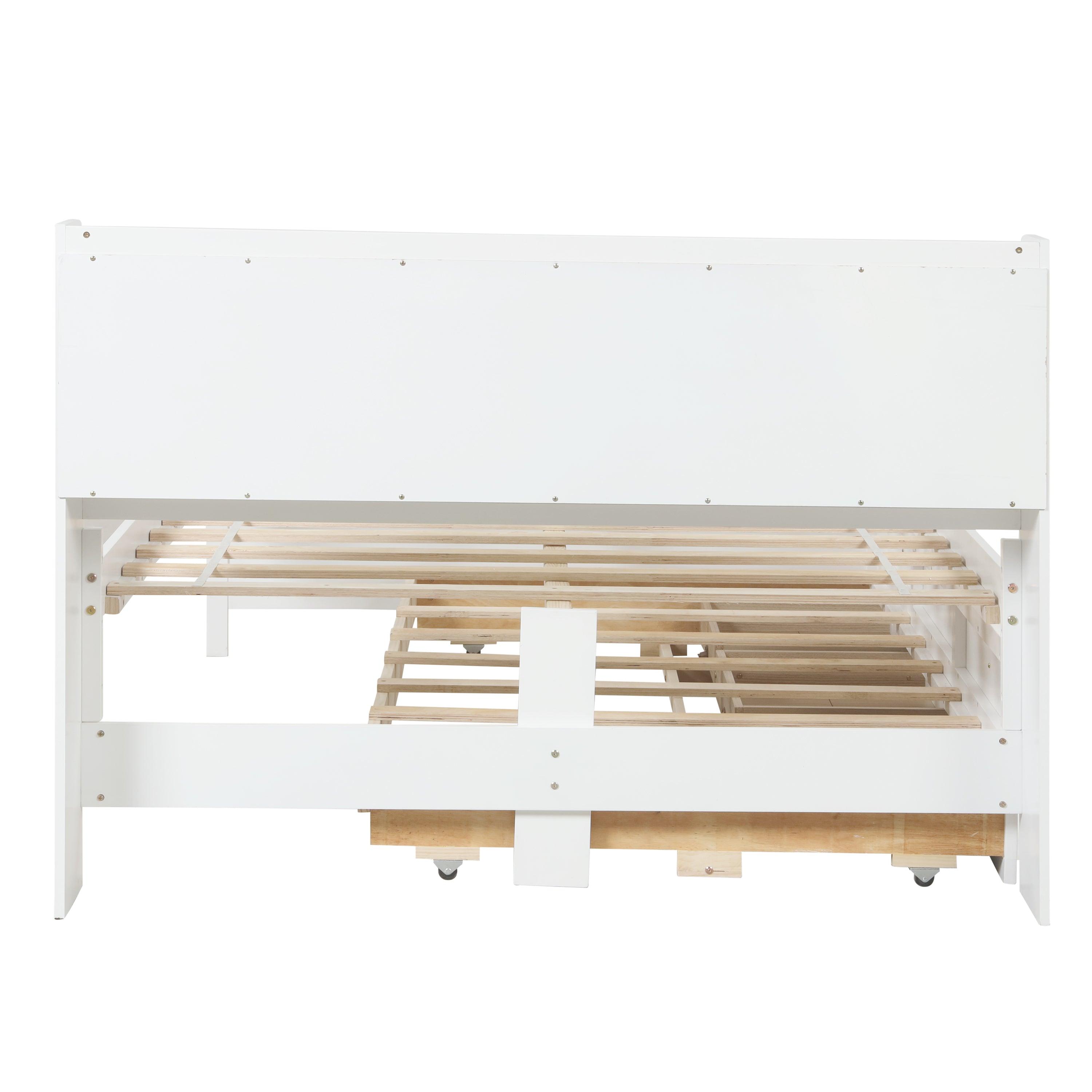 Full Bed With Bookcase, Twin Trundle & Drawers, White