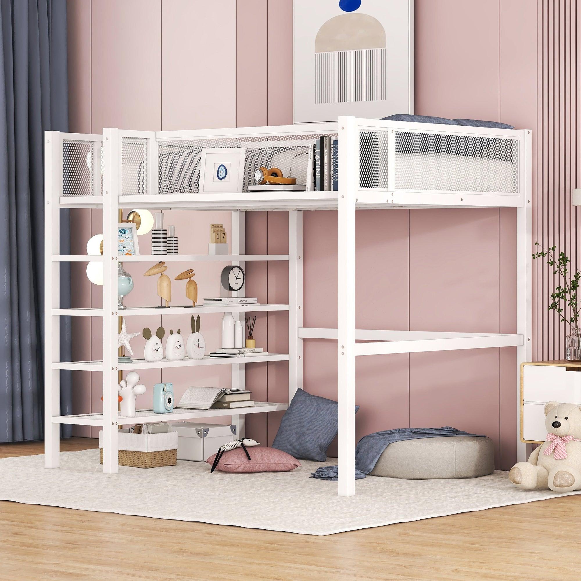 🆓🚛 Twin Size Metal Loft Bed With 4-Tier Shelves & Storage, White