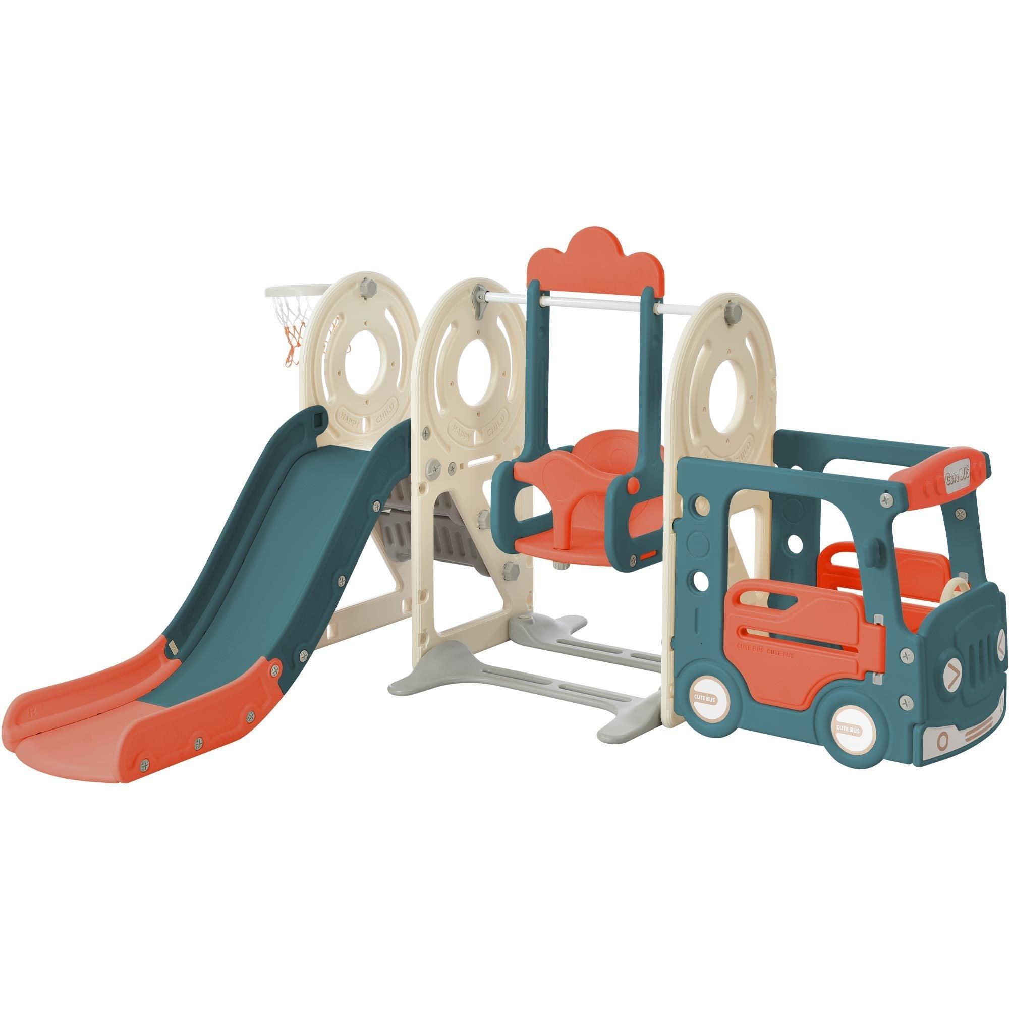 🆓🚛 Kids Swing-N-Slide With Bus Play Structure, Freestanding Bus Toy With Slide&Swing for Toddlers, Bus Slide Set With Basketball Hoop, Red & Blue