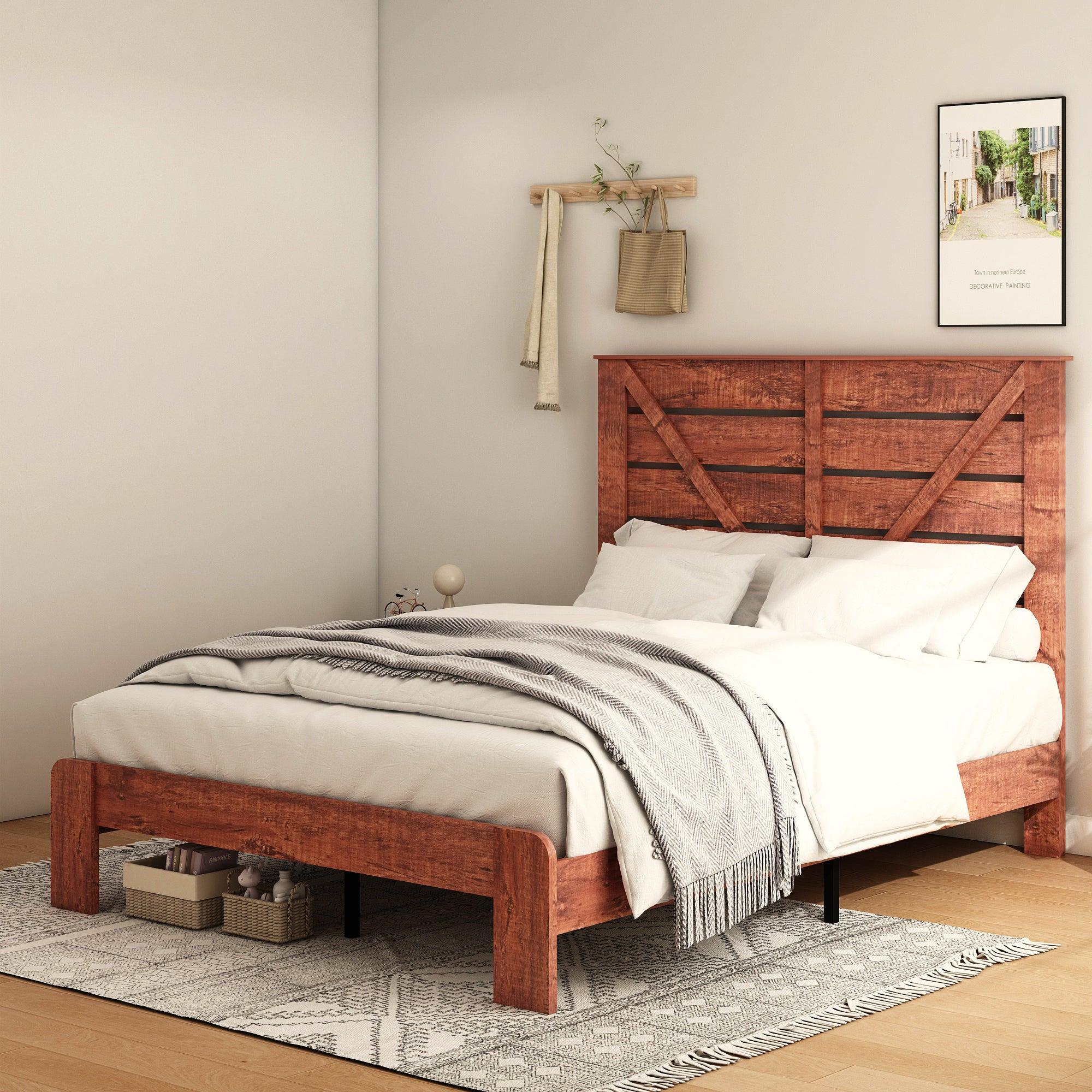 🆓🚛 Queen Bed Frame Headboard, Wood Platform Bed Frame, Noise Free, No Box Spring Needed & Easy Assembly Tool, Large Under Bed Storage, Vintage Brown