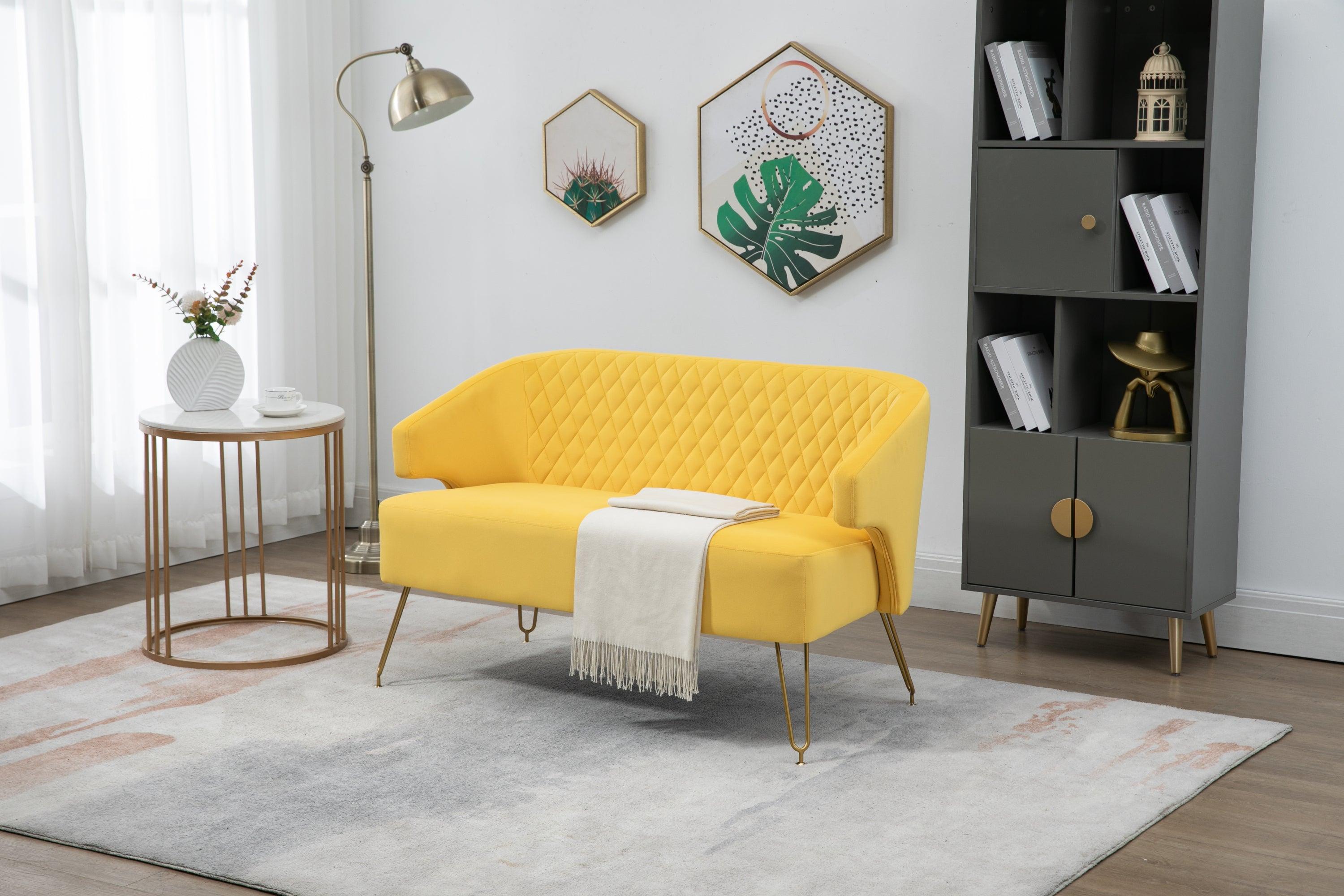 🆓🚛 Twin Size Love Seat Accent Sofa With Golden Metal Legs, Living Room Sofa With Tufted Backrest, Yellow