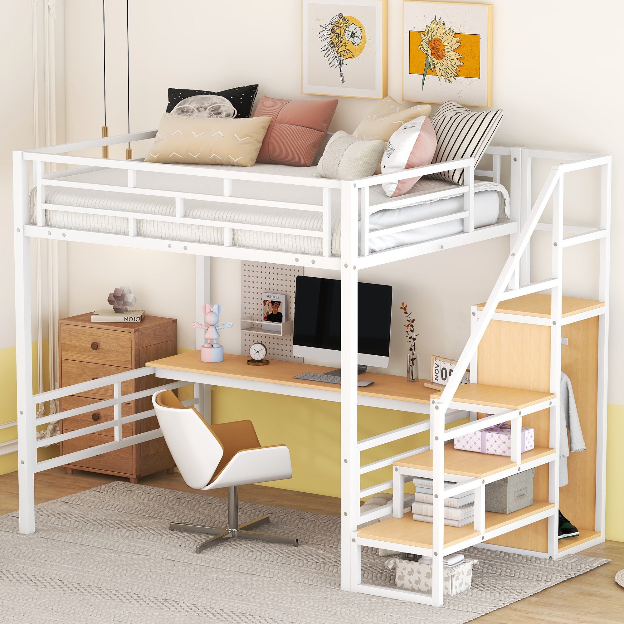 🆓🚛 Full Size Metal Loft Bed With Desk, Storage Staircase and Small Wardrobe, (Stairs Can Be Installed Left & Right), White