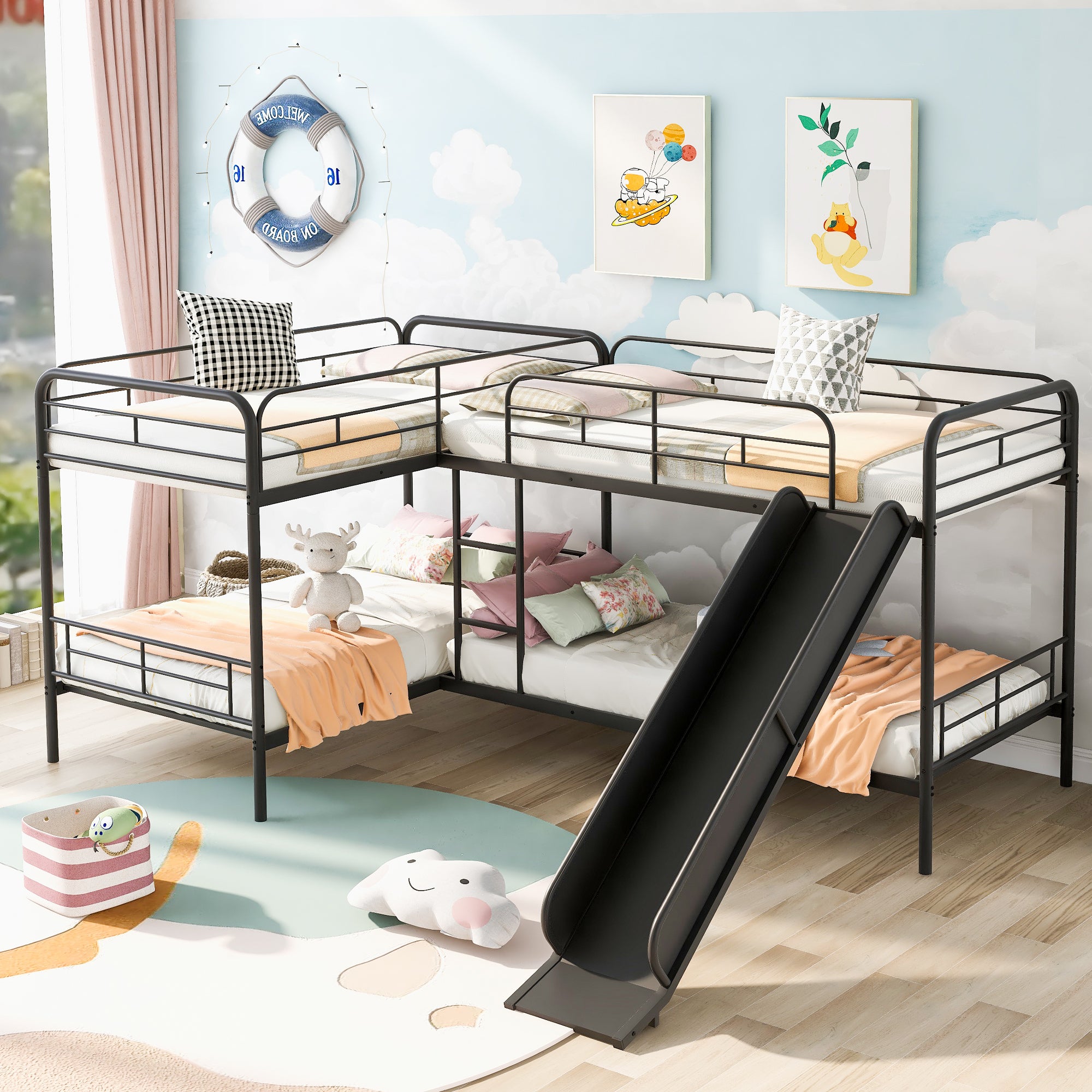 🆓🚛 Twin Size L-Shaped Bunk Bed With Slide and Ladder, Black