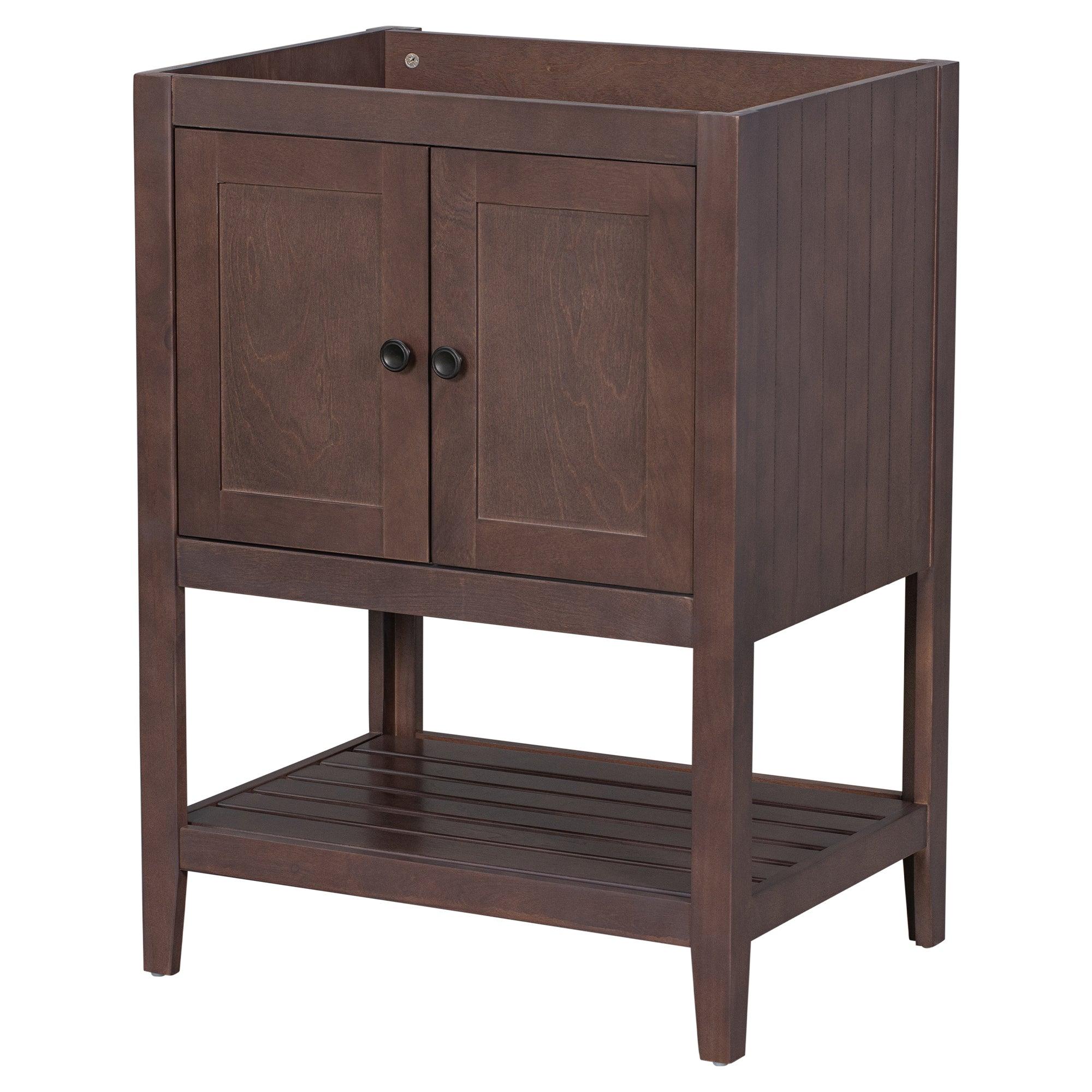 🆓🚛 24" Bathroom Vanity Base Only, Soild Wood Frame, Bathroom Storage Cabinet With Doors & Open Shelf, Brown