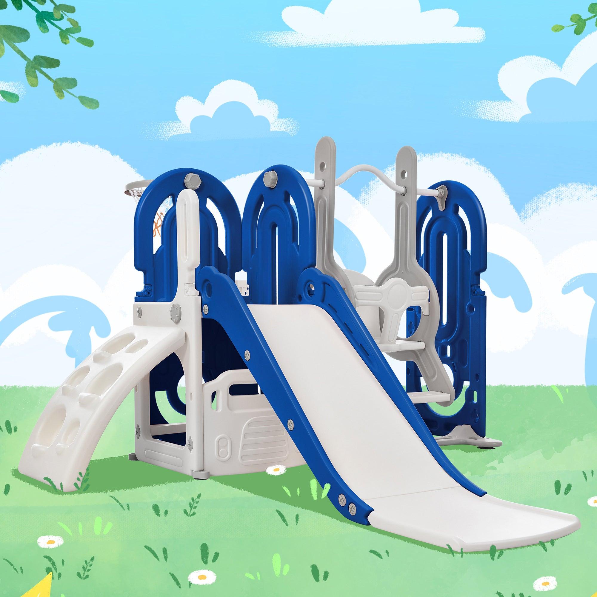 🆓🚛 Toddler Slide & Swing Set 5 in 1, Kids Playground Climber Slide Playset With Basketball Hoop Freestanding Combination for Babies Indoor & Outdoor
