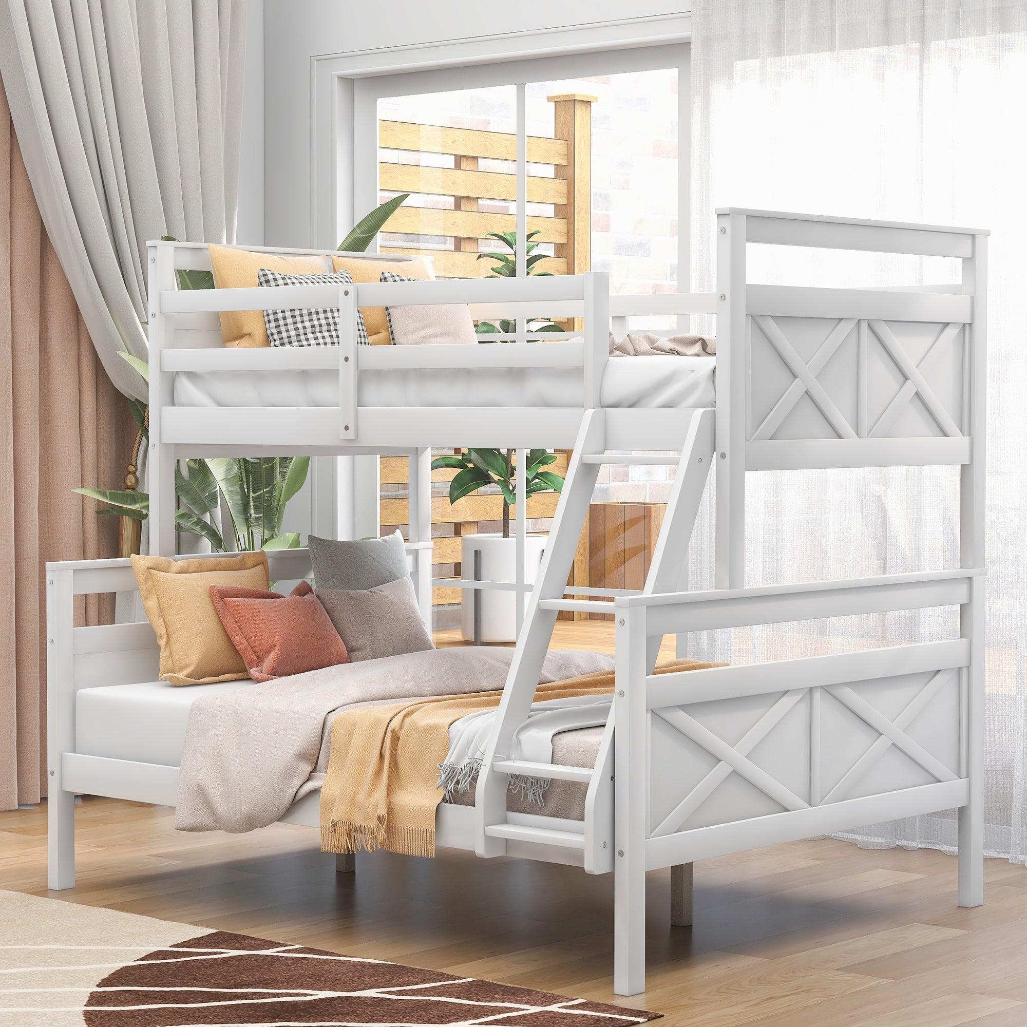 🆓🚛 Twin Over Full Bunk Bed With Ladder, Safety Guardrail, Perfect for Bedroom, White