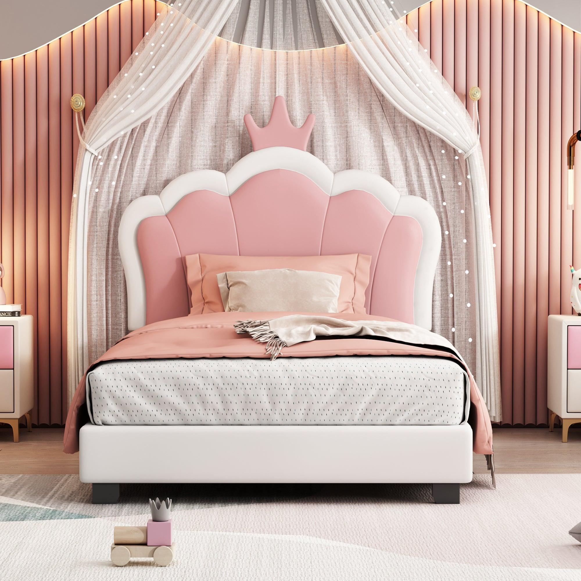 🆓🚛 Twin Size Upholstered Princess Bed With Crown Headboard, Twin Size Platform Bed With Headboard & Footboard, White+Pink