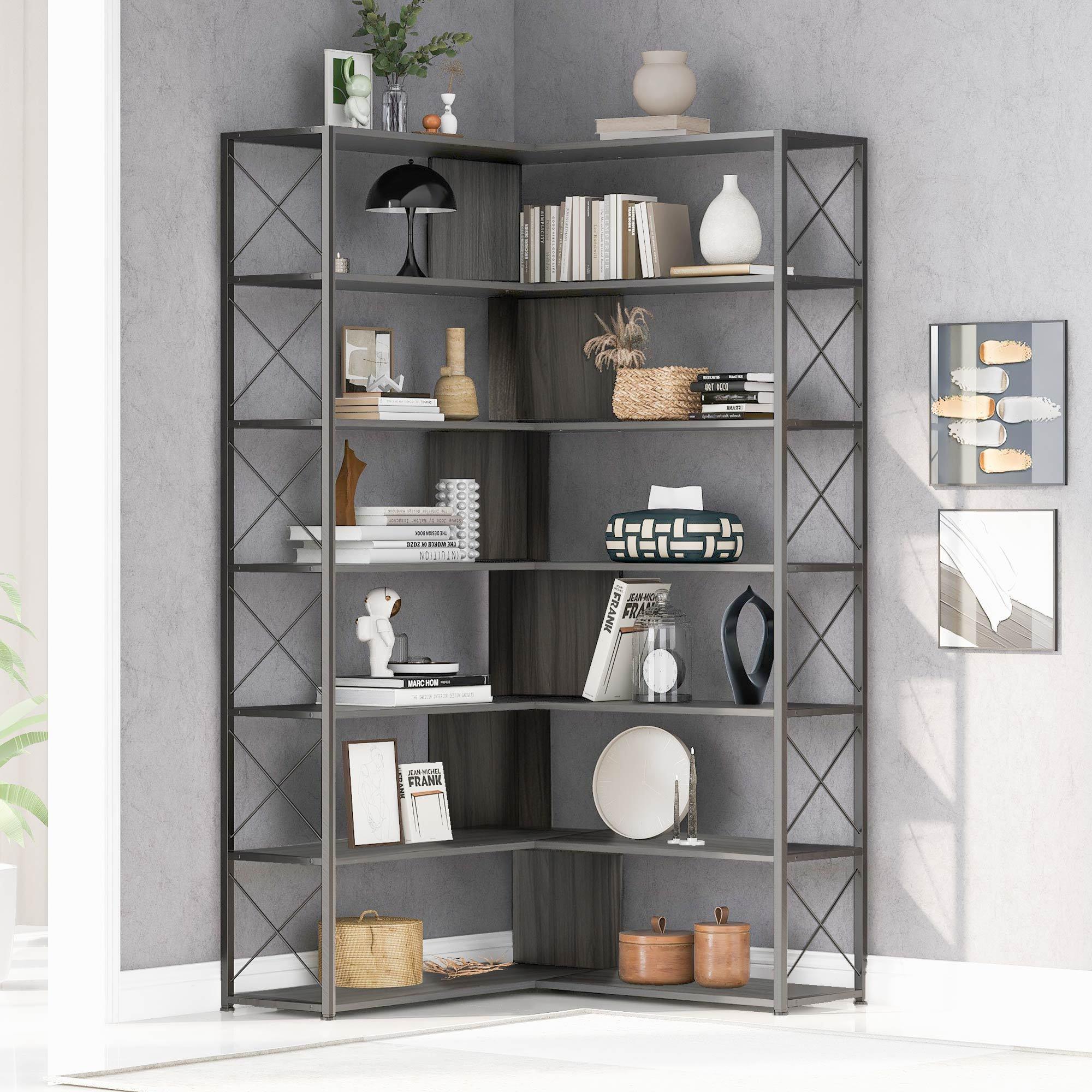 🆓🚛 Silver+Gray 7-Tier Bookcase Home Office Bookshelf, L-Shaped Corner Bookcase With Metal Frame, Industrial Style Shelf With Open Storage, Mdf Board