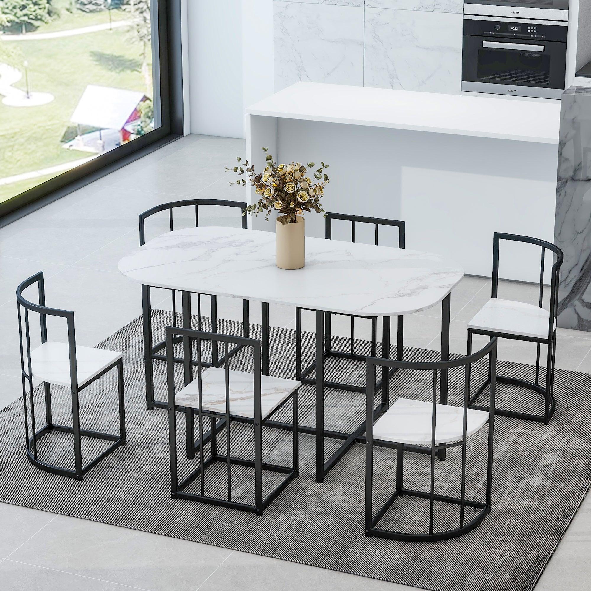 🆓🚛 Modern 7-Piece Dining Table Set With Faux Marble Compact 55" Kitchen Table Set for 6, Black+White