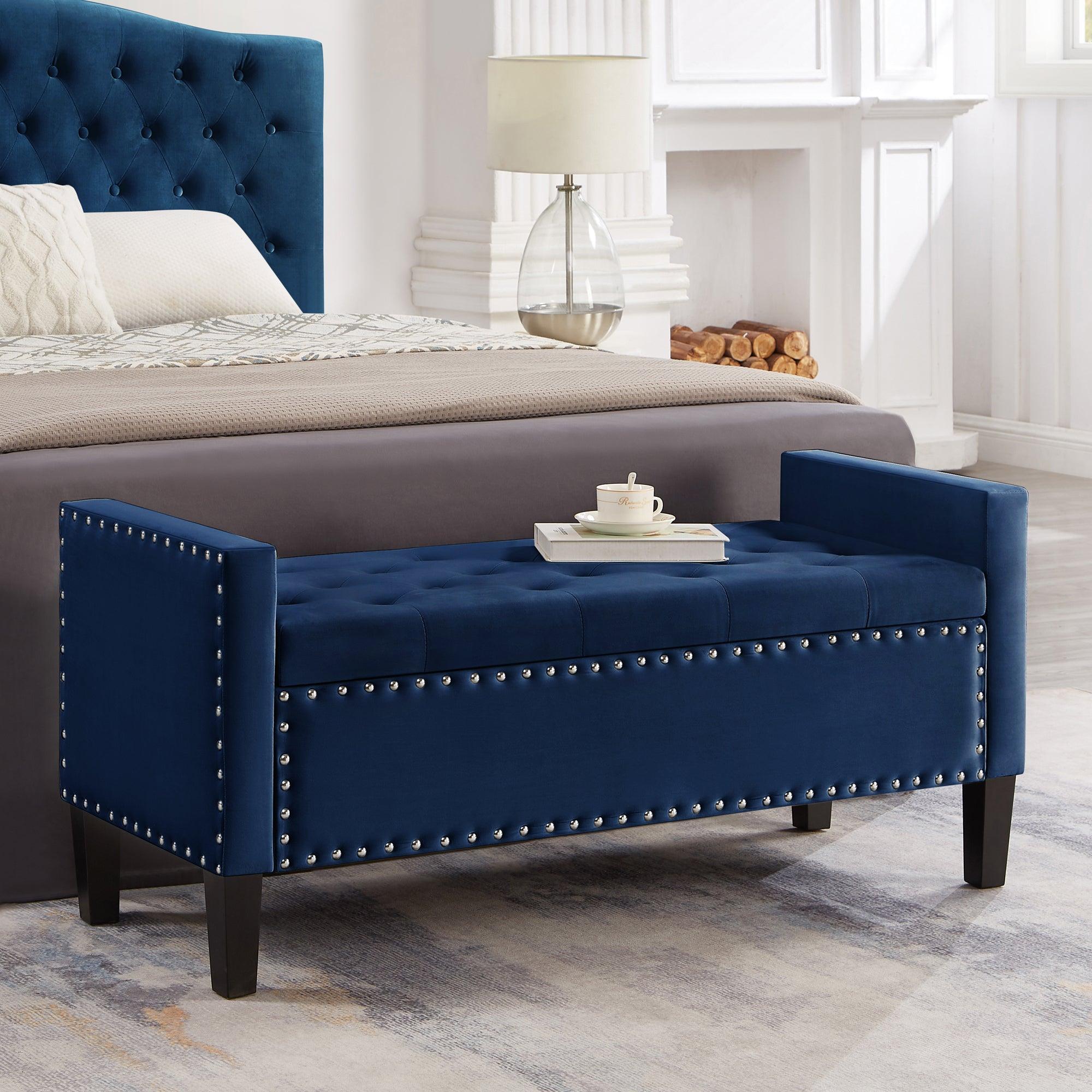 🆓🚛 Upholstered Tufted Button Storage Bench With Nails Trim, Entryway Living Room Soft Padded Seat With Armrest, Bed Bench, Navy