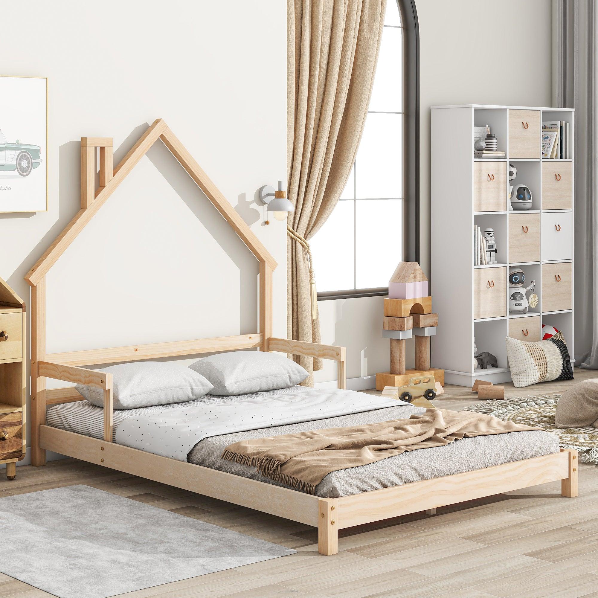 🆓🚛 Full House-Shaped Headboard Bed With Handrails, Slats, Natural