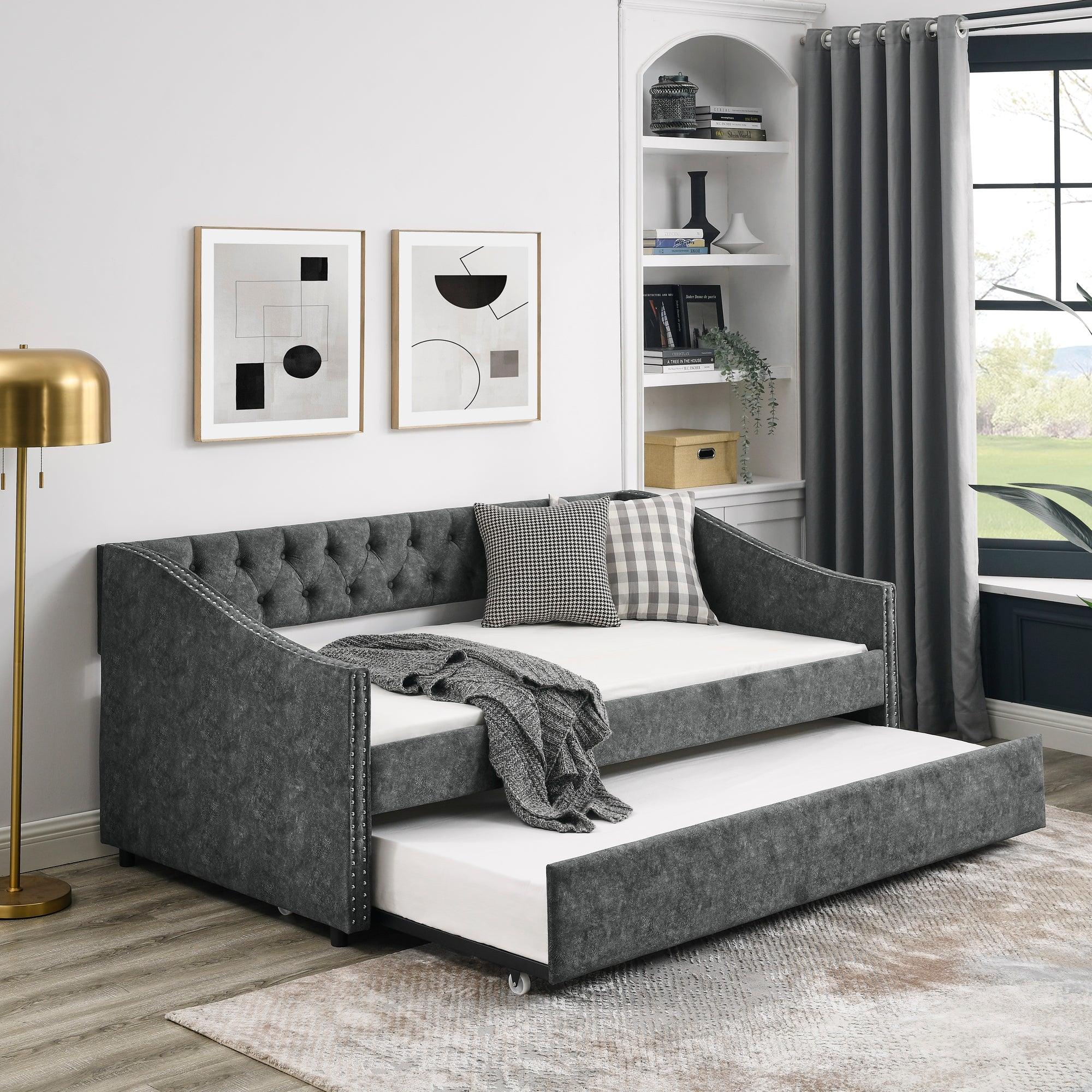 🆓🚛 Twin Size Daybed With Twin Size Trundle Upholstered Tufted Sofa Bed, With Button On Back & Copper Nail On Waved Shape Arms, Gray (80.5" X41" X30.5" )