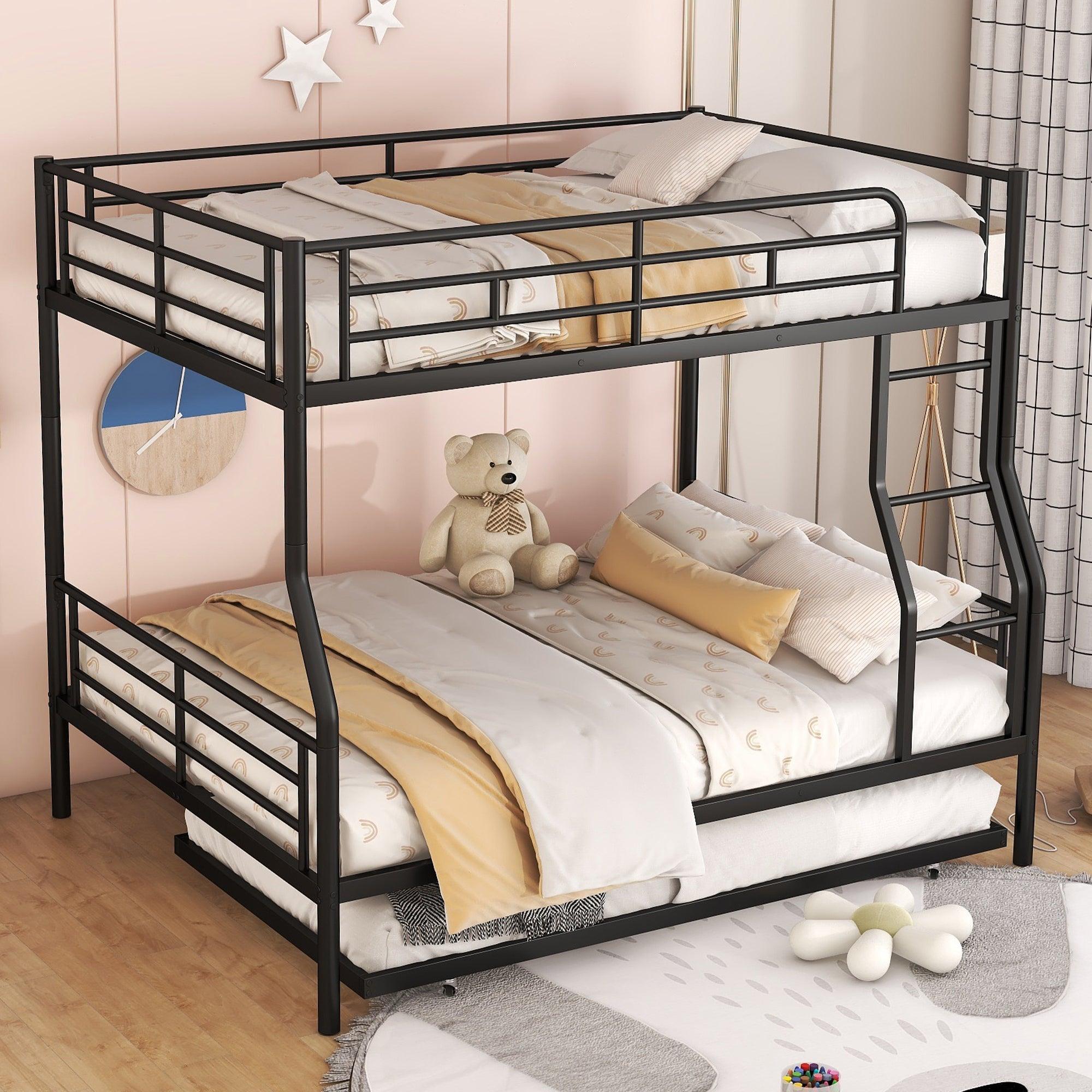 🆓🚛 Full Xl Over Queen Metal Bunk Bed With Trundle, Black