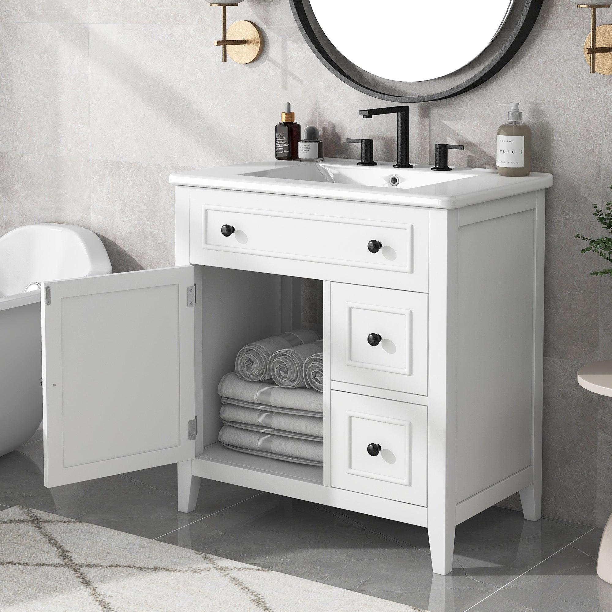 🆓🚛 30" Bathroom Vanity With Sink Top, Bathroom Vanity Cabinet With Door & Two Drawers, Solid Wood Frame, One Package, White