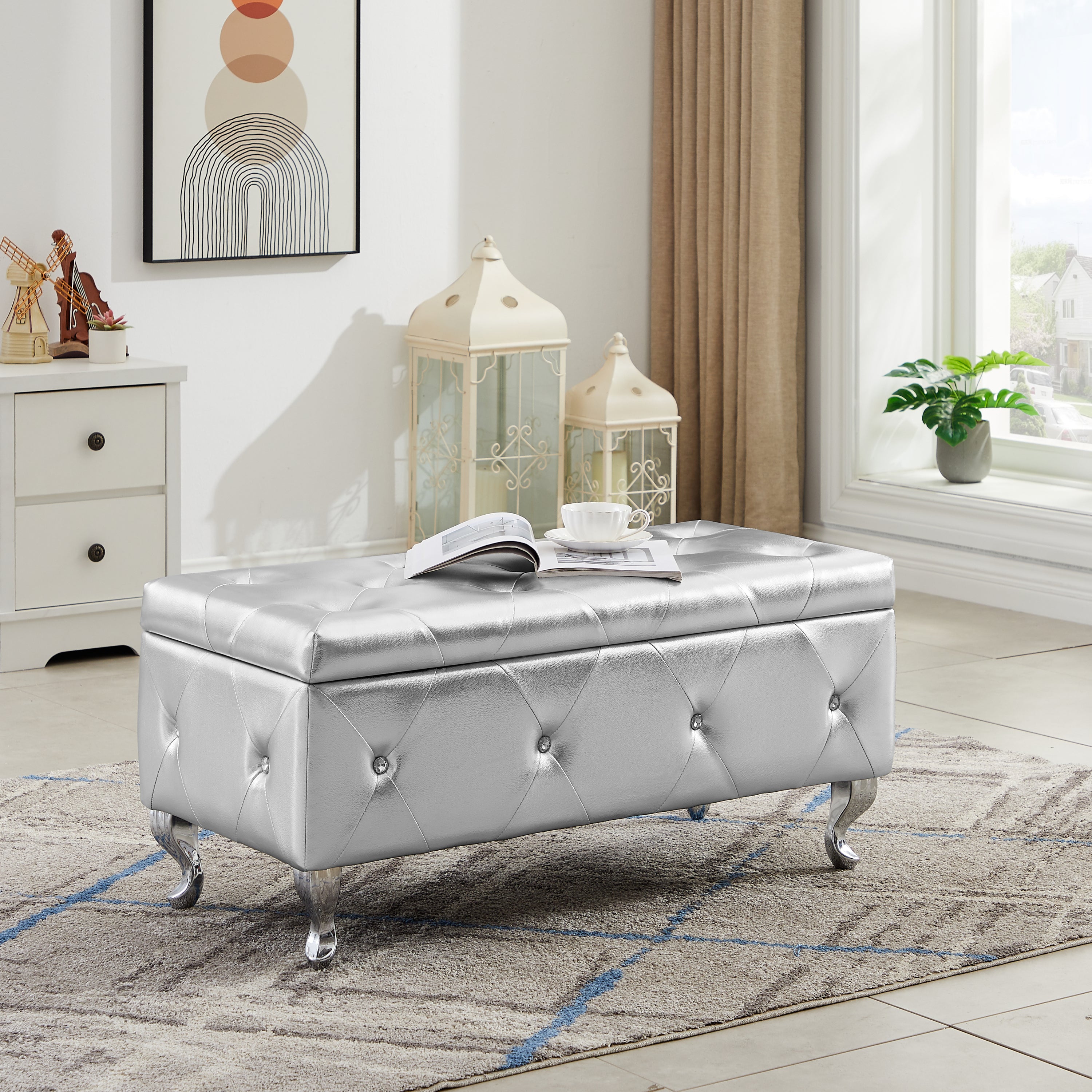 🆓🚛 Storage Bench, Flip Top Entryway Bench Seat With Safety Hinge, Storage Chest With Padded Seat, Silver PU