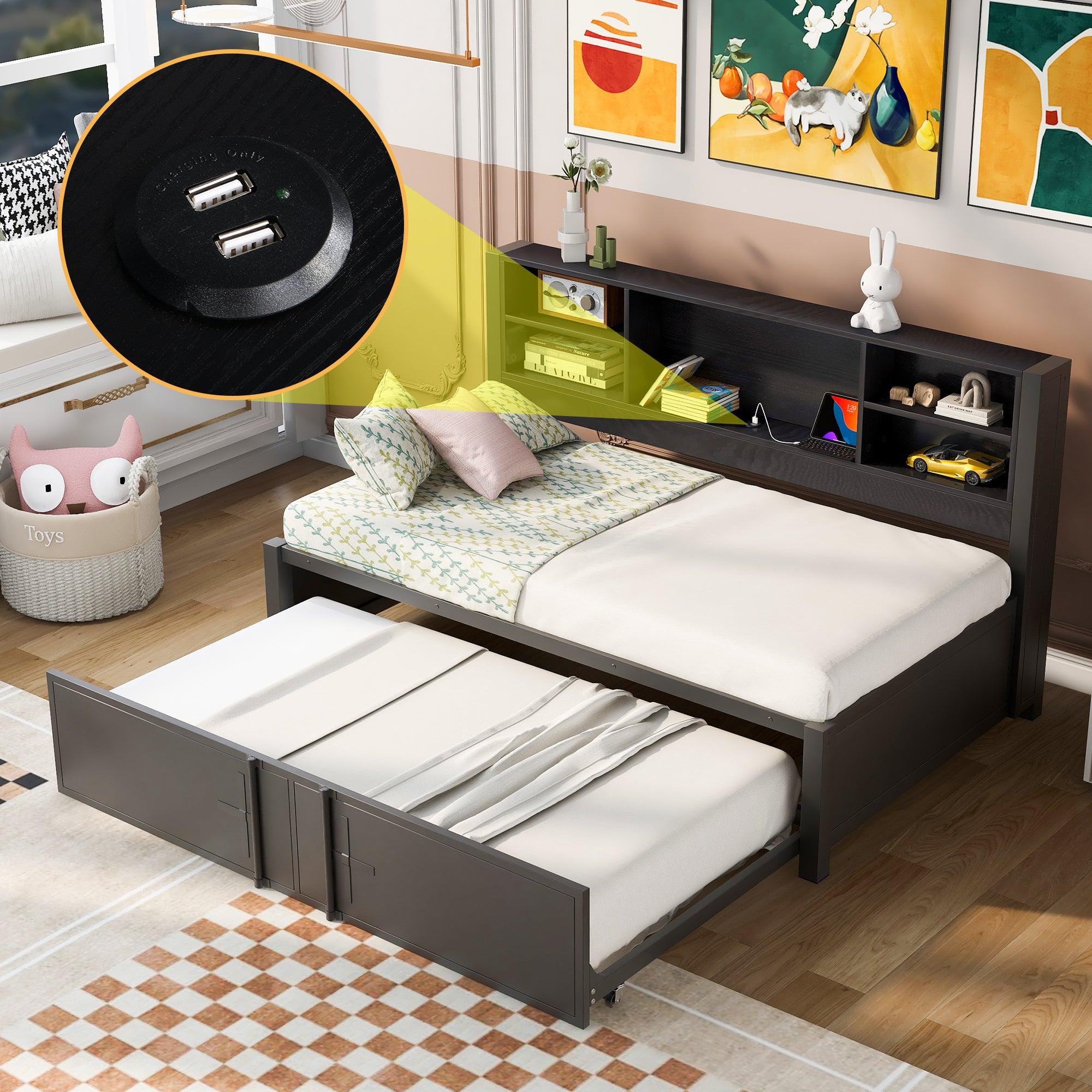 🆓🚛 Metal Twin Size Daybed With Twin Size Trundle, Storage Shelves & Usb Ports, Black