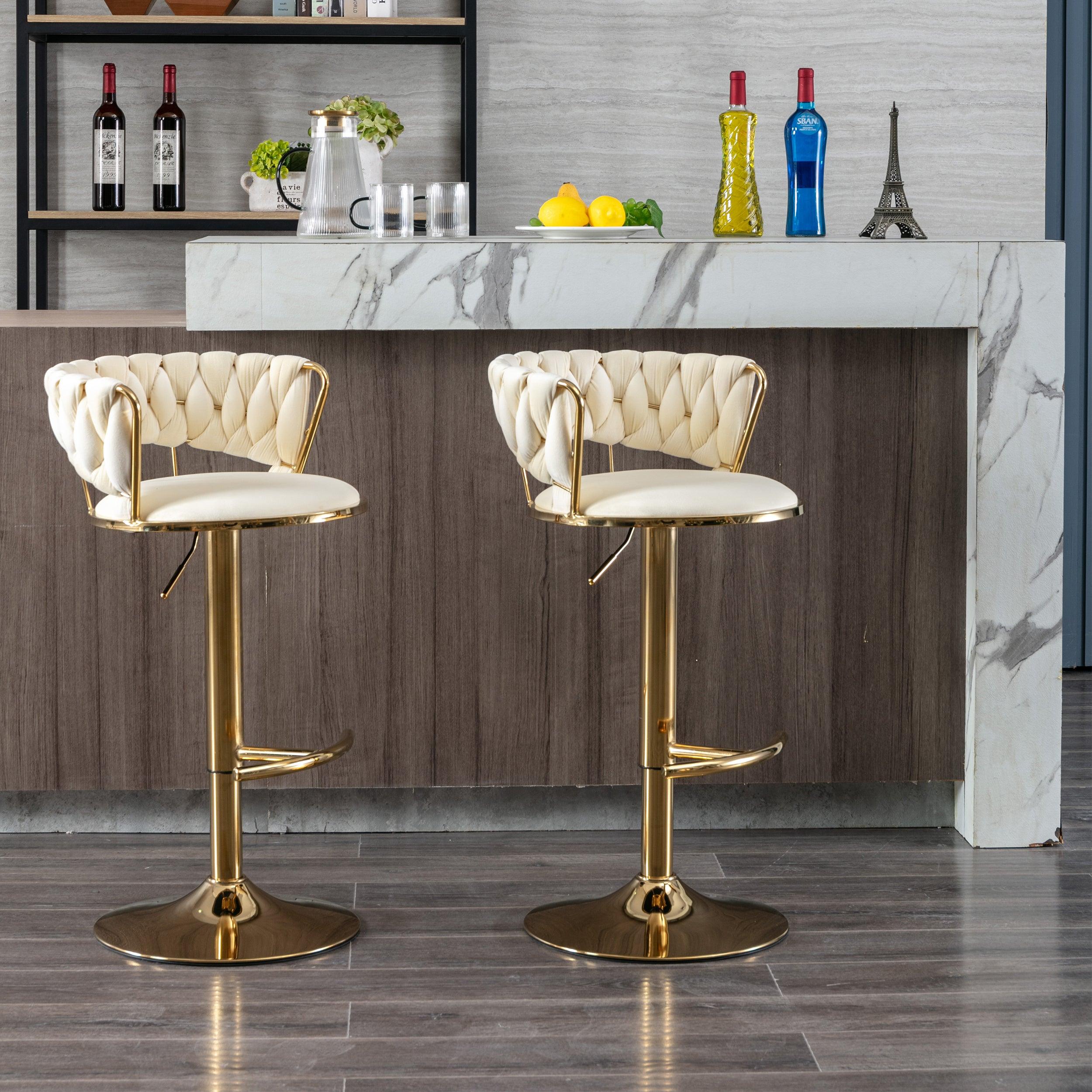 🆓🚛 Set Of 2 Bar Stools, With Chrome Footrest & Base Swivel Height Adjustable Mechanical Lifting Velvet + Golden Leg Simple Bar Stool-Cream