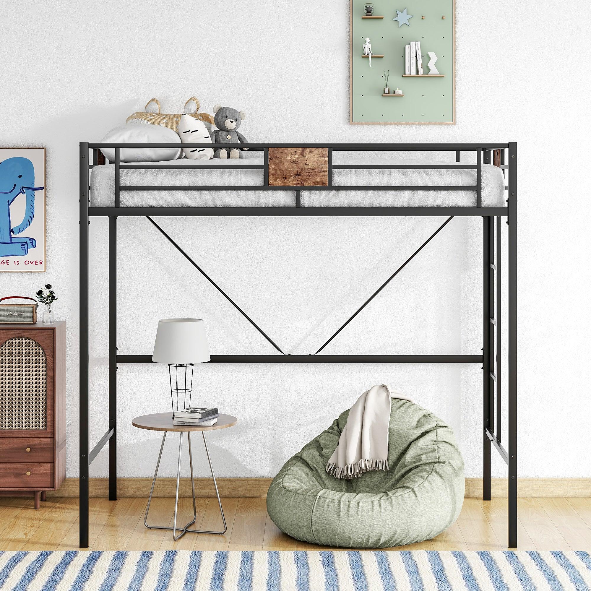 🆓🚛 Metal Twin Loft Bed Frame With Stairs & Full-Length Guardrail, Space-Saving Design, No Box Spring Needed, Noise Free, Black