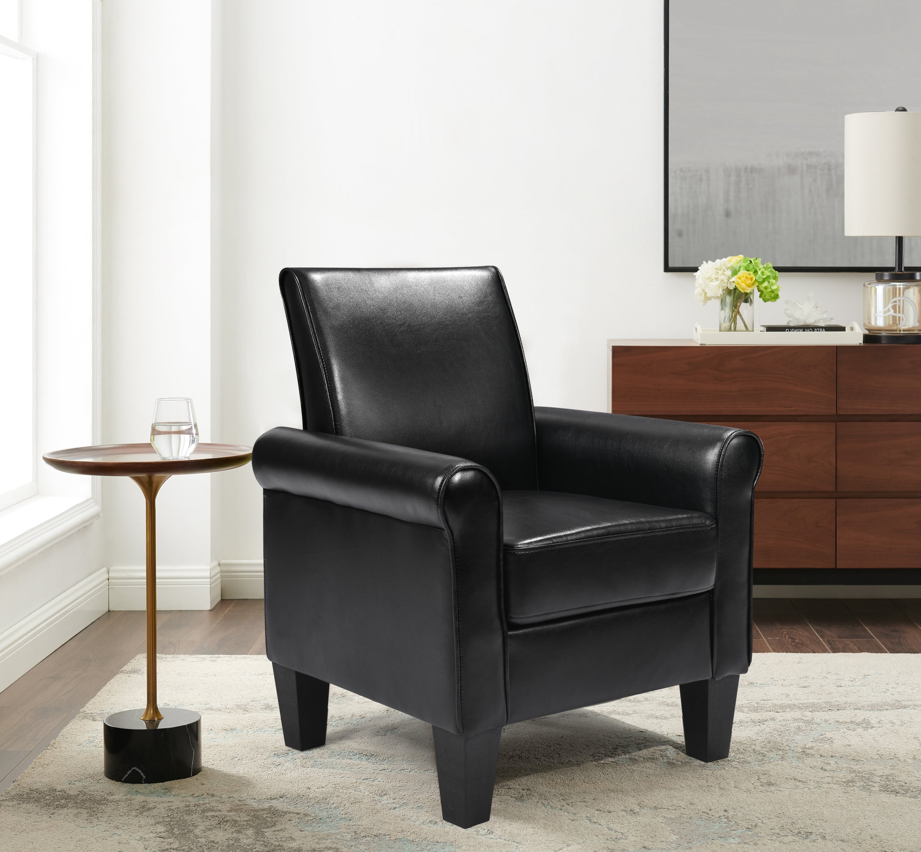 🆓🚛 Accent Chairs, Comfy Sofa Chair, Armchair for Reading, Living Room, Bedroom, Office, Waiting Room, Pu Leather, Black