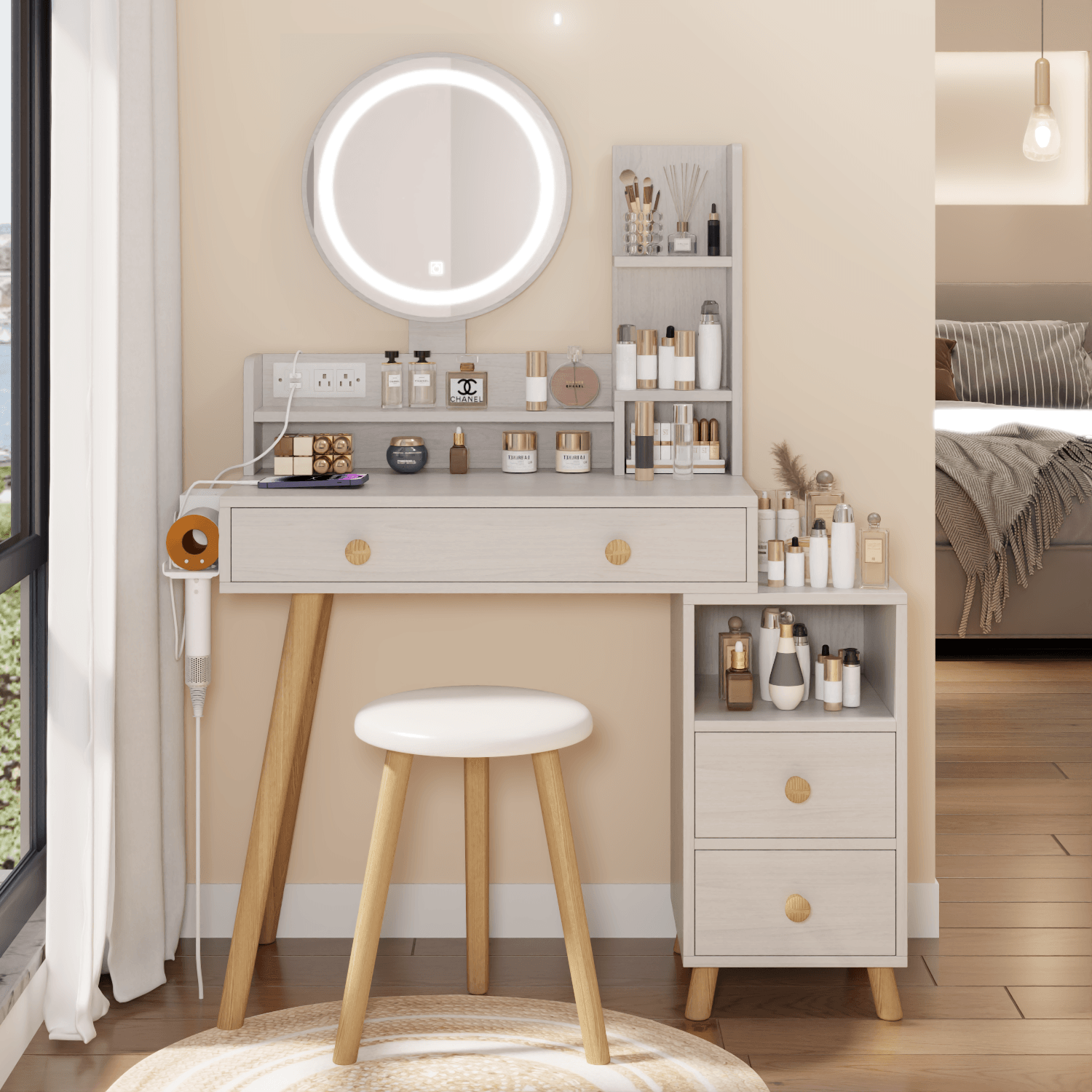 🆓🚛 Round Mirror Bedside Cabinet Vanity Table + Cushioned Stool, With 2 Ac Power + 2 Usb Socket, 17" Diameter Led Mirror, Touch Control, 3-Color, Brightness Adjustable, Large Desktop, Multi-Layer Storage