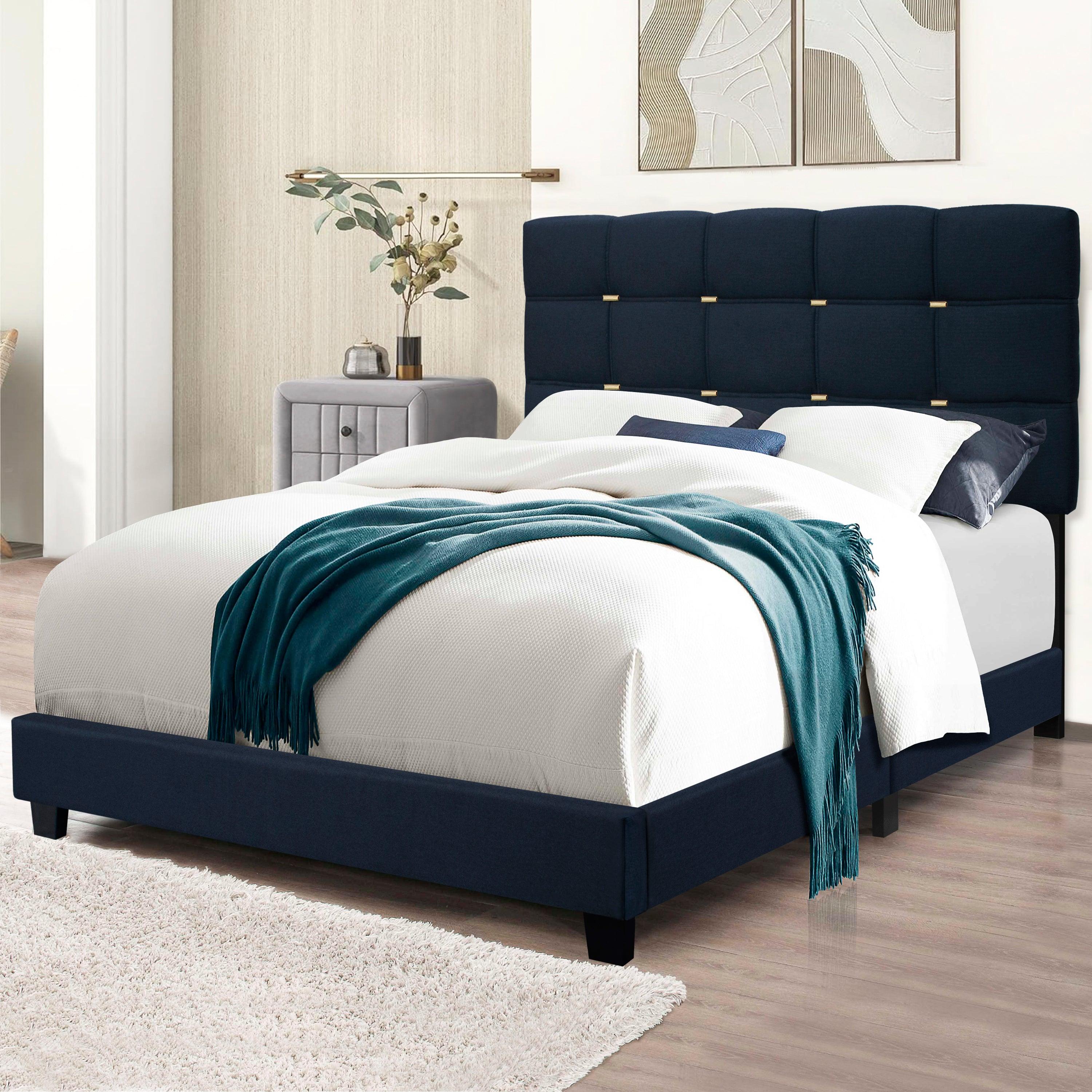 🆓🚛 The Black Series Queen Size Adjustable Upholstered Bed Frame With Gold Accents on The Headboard Has An Elegant Look and Requires no Springs!