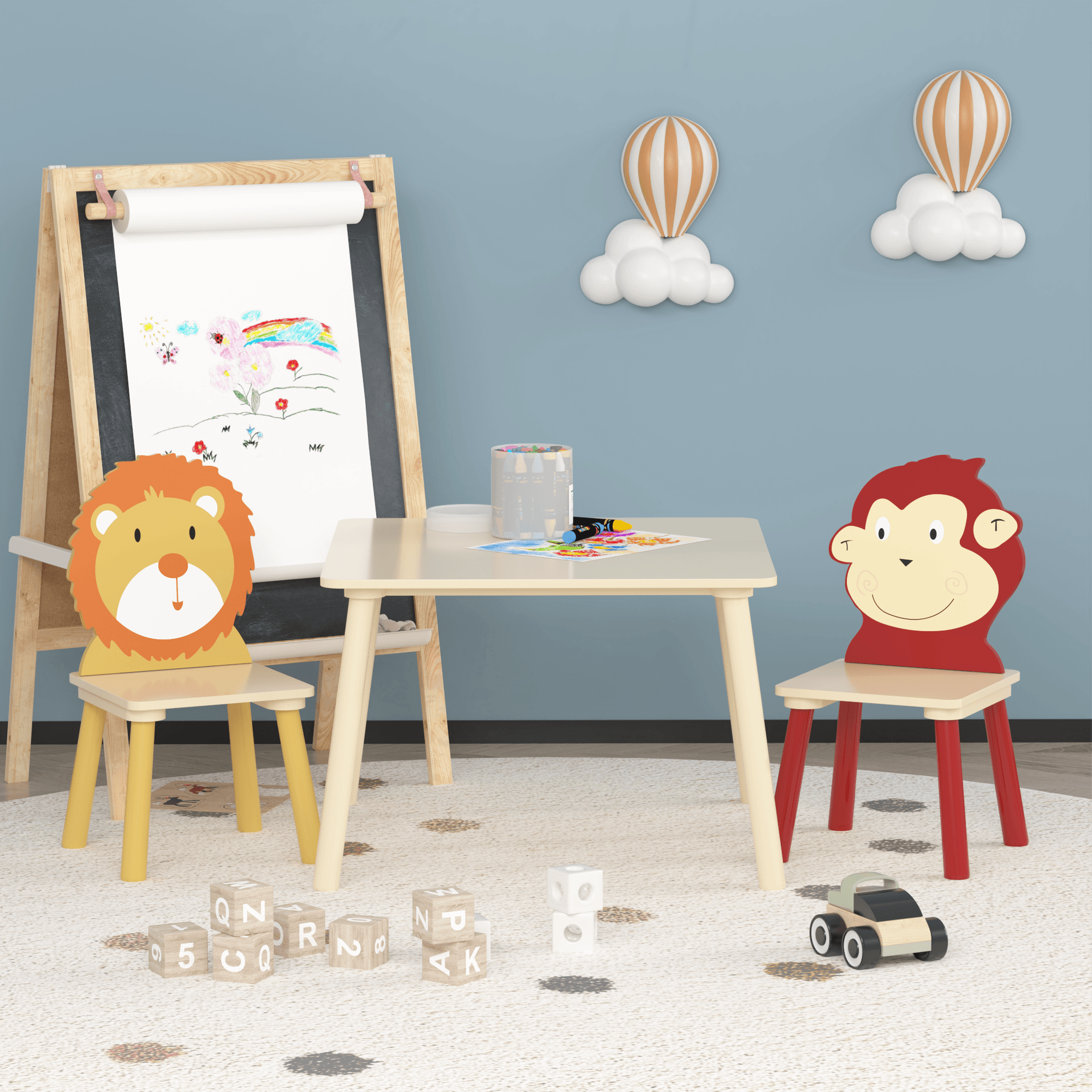 🆓🚛 Kids Table & 2 Chairs Set, 3 Pieces Toddler Table & Chair Set, Wooden Activity Play Table Set, Lion & Monkey