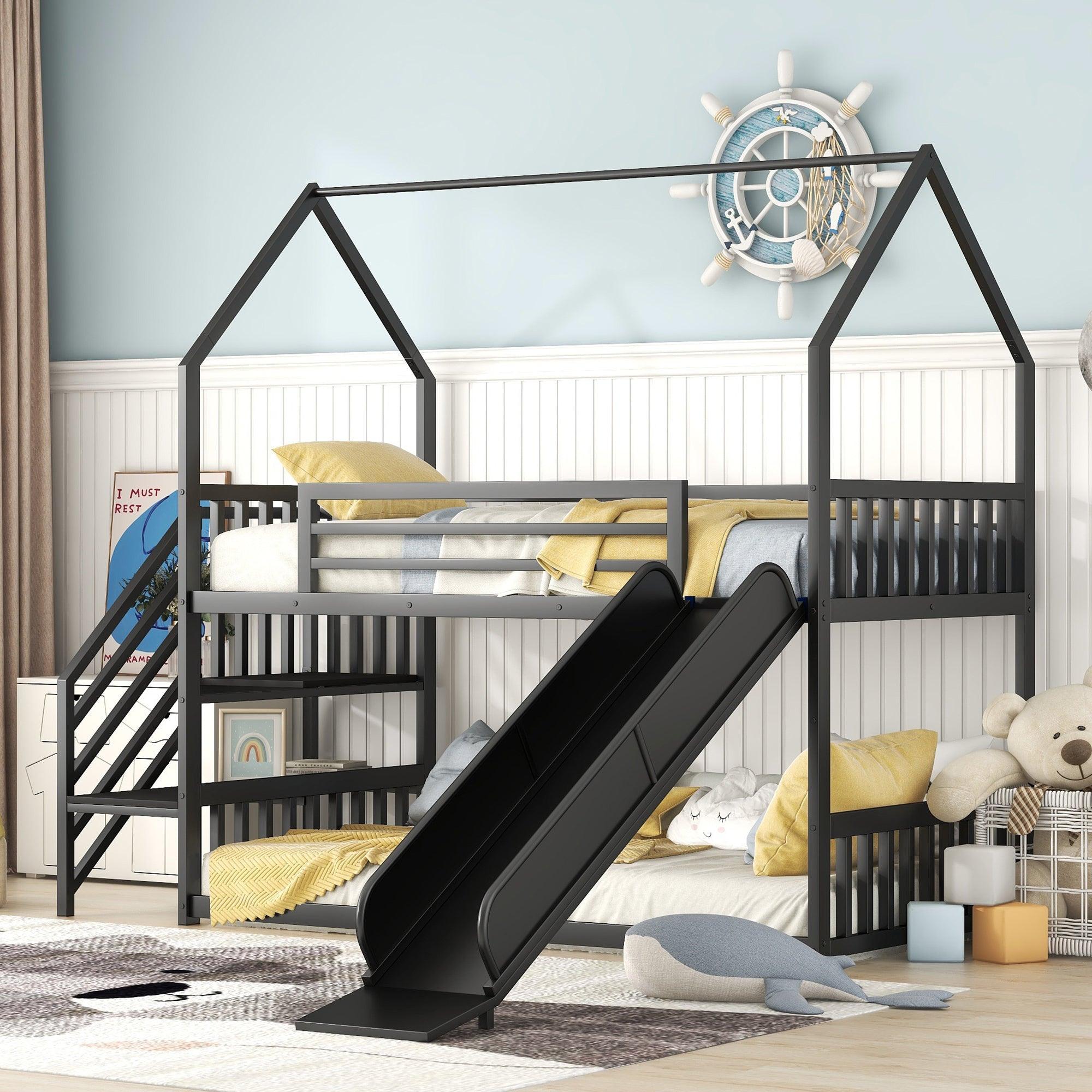 🆓🚛 Twin Size Metal Bunk Bed House Bed With Slide & Staircase, Black