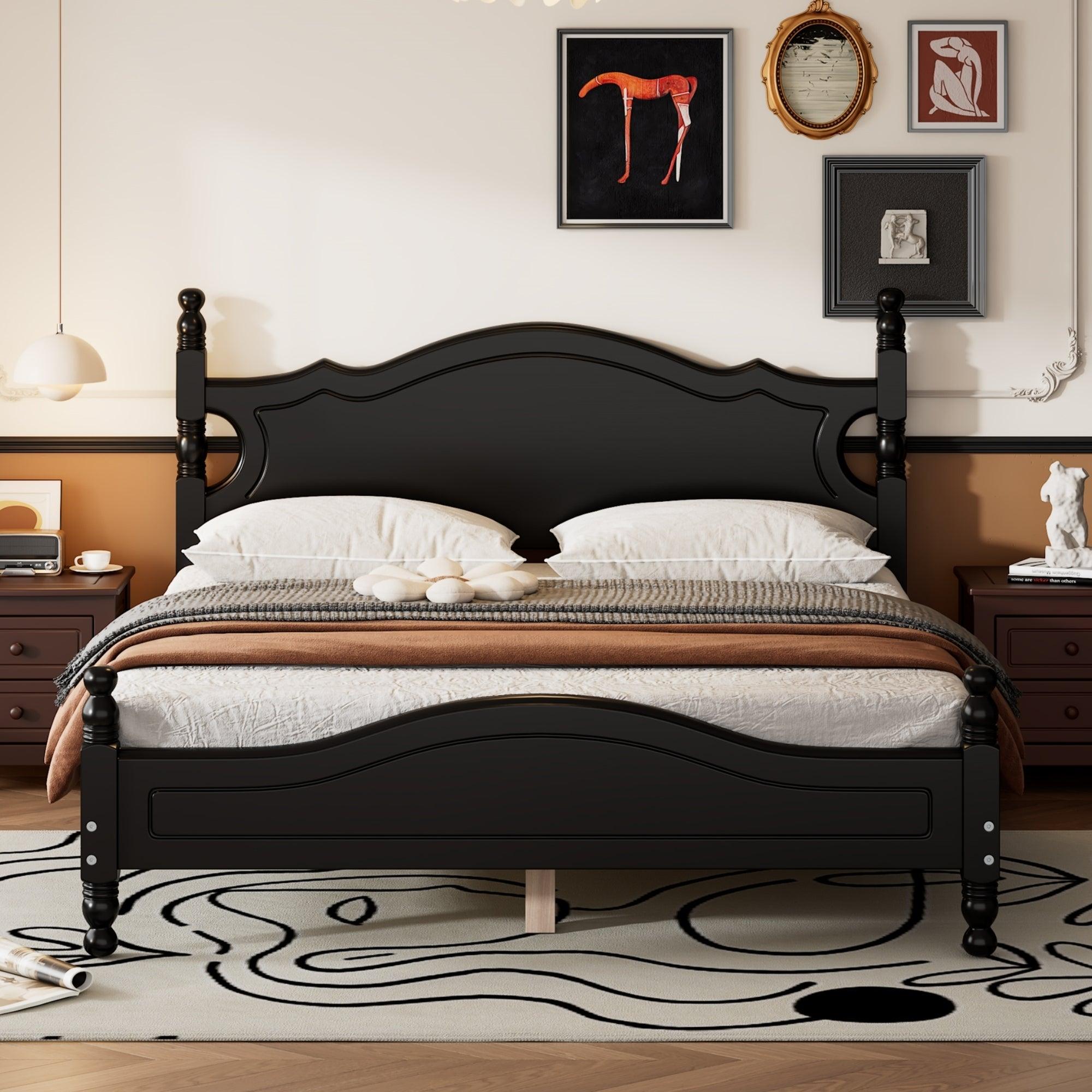 🆓🚛 Queen Size Wood Platform Bed Frame, Retro Style Platform Bed With Wooden Slat Support, Black