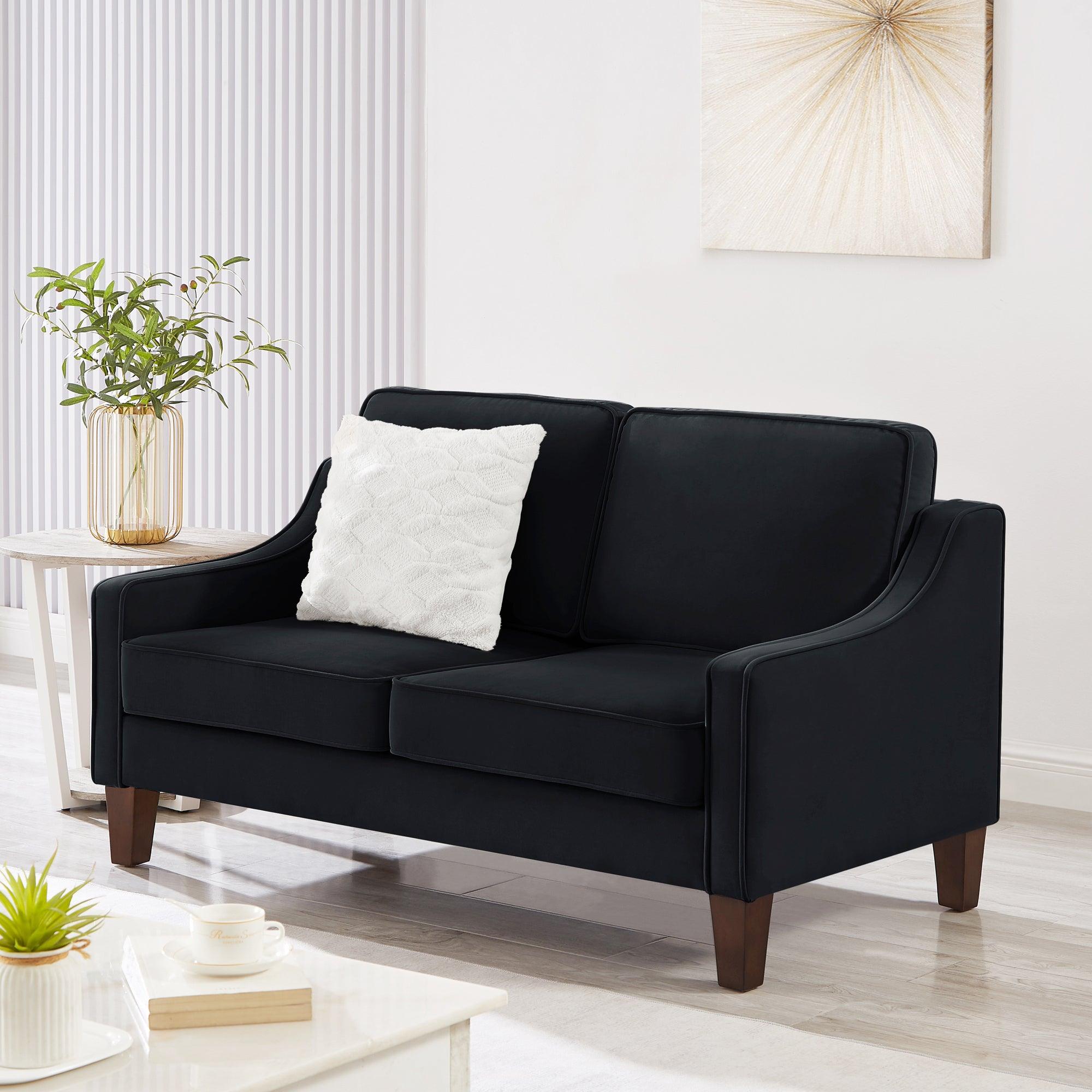 🆓🚛 Modern Loveseat Sofa for Living Room, Upholstered Velvet Small Couch With Wooden Legs for Livingroom Bedroom, Black